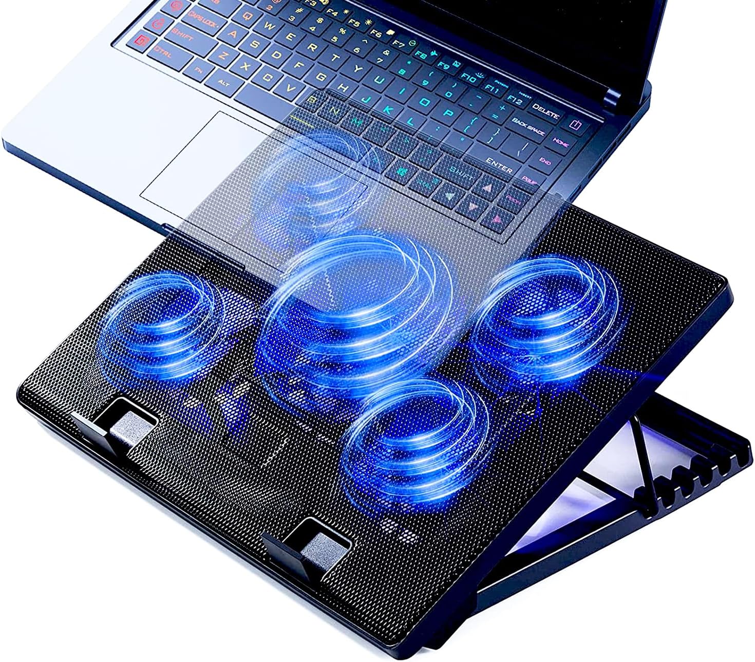 Laptop Cooling Pad 17inch 15.6 14 13 12inch Gaming Cooler Pad Chill Mat 5 Quiet Fans LED Lights and 2 USB 2.0 Ports Adjustable Mounts Laptop Stand Height Angle