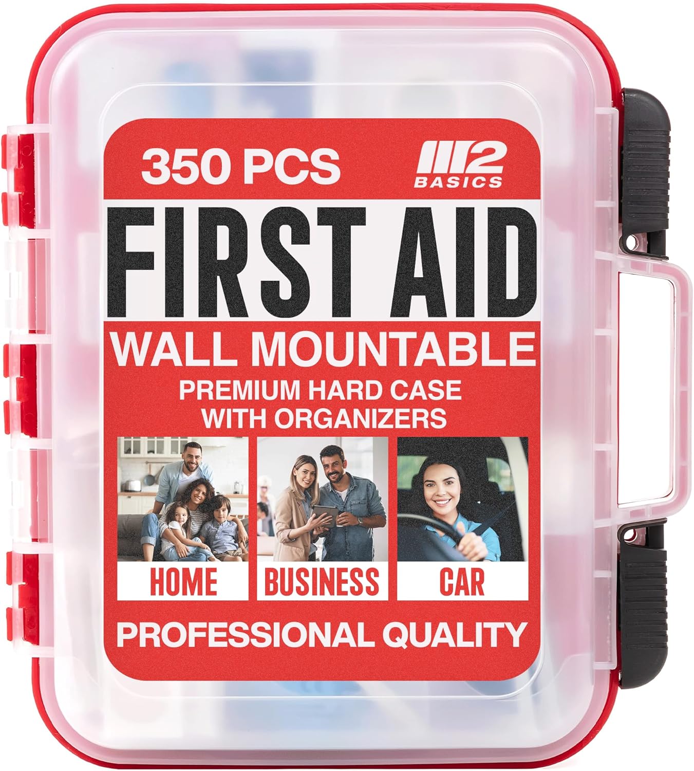 M2 BASICS Professional 350-Piece First Aid Kit – First Aid Kit for Car, Home, Office, Business & Vehicles – Organized Dual-Layer Wall-Mountable Hard Case, Emergency Medical, OSHA Workplace Safety