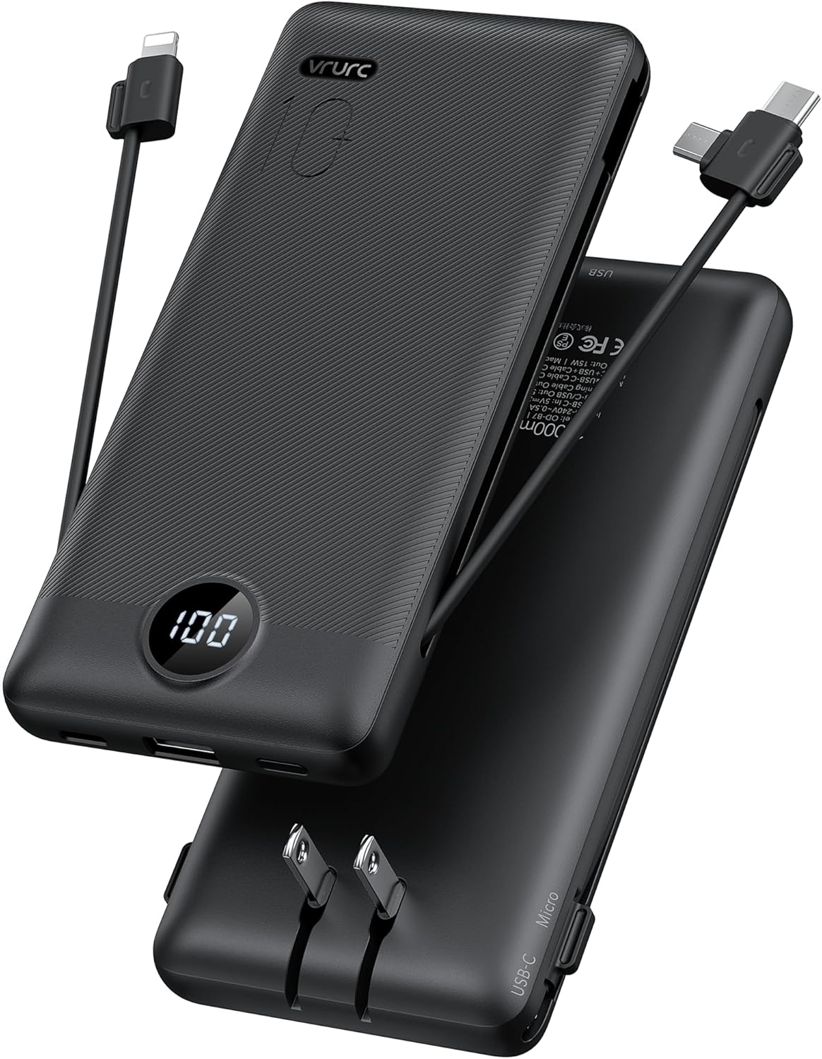 Portable Charger,Power Bank Built-in Cables and AC Wall Plug,VRURC USB C Portable Bank 10000mAh,Travel Essentials Phone Charger Compact Lightweight External Battery Pack for Smart Phones,Tablets-Black