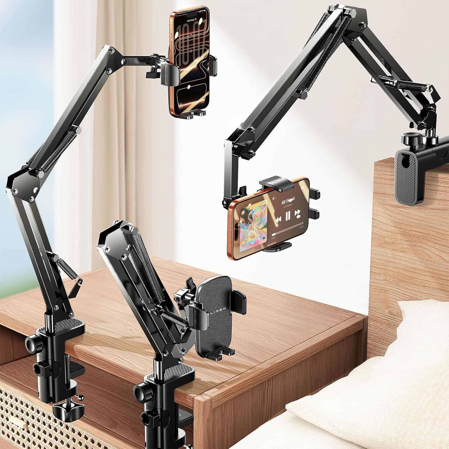 LISEN Gooseneck Phone Holder for Desk Bed [3rd Upgrade] Cell Phone Stand for Desk Bed Accessories,Gifts for Seniors Elderly Tech Lovers Mount for Recording Filming Laying Down Flexible Arm Clamp Clip