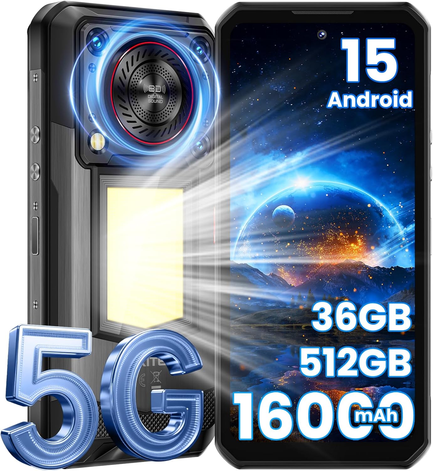 OUKITEL WP56 5G Rugged Smartphone Unlocked – 36GB+512GB/2TB Android 15 Rugged Phone,16000mAh Battery, 1000-Lumen Camping Light, 6.8″ FHD+ 120Hz,108MP Camera,128dB Loud Speaker Waterproof, NFC/GPS/OTG