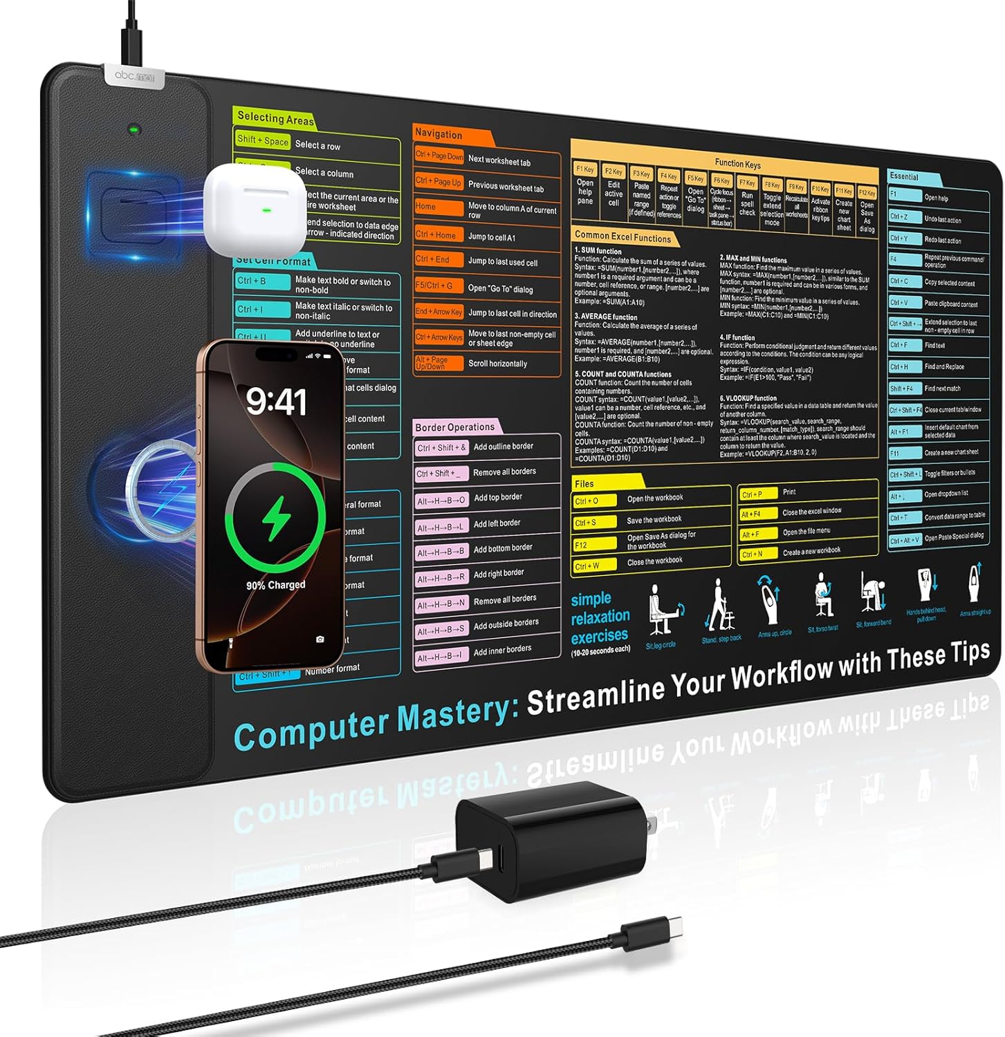Wireless Charging Mouse Pad with Excel Formulas Shortcuts, 31.5″x15.8″ Extra Large Office Spreadsheet Cheat Sheet Desk Mat, Waterproof Ultra-Smooth Surface, Non-Slip Base