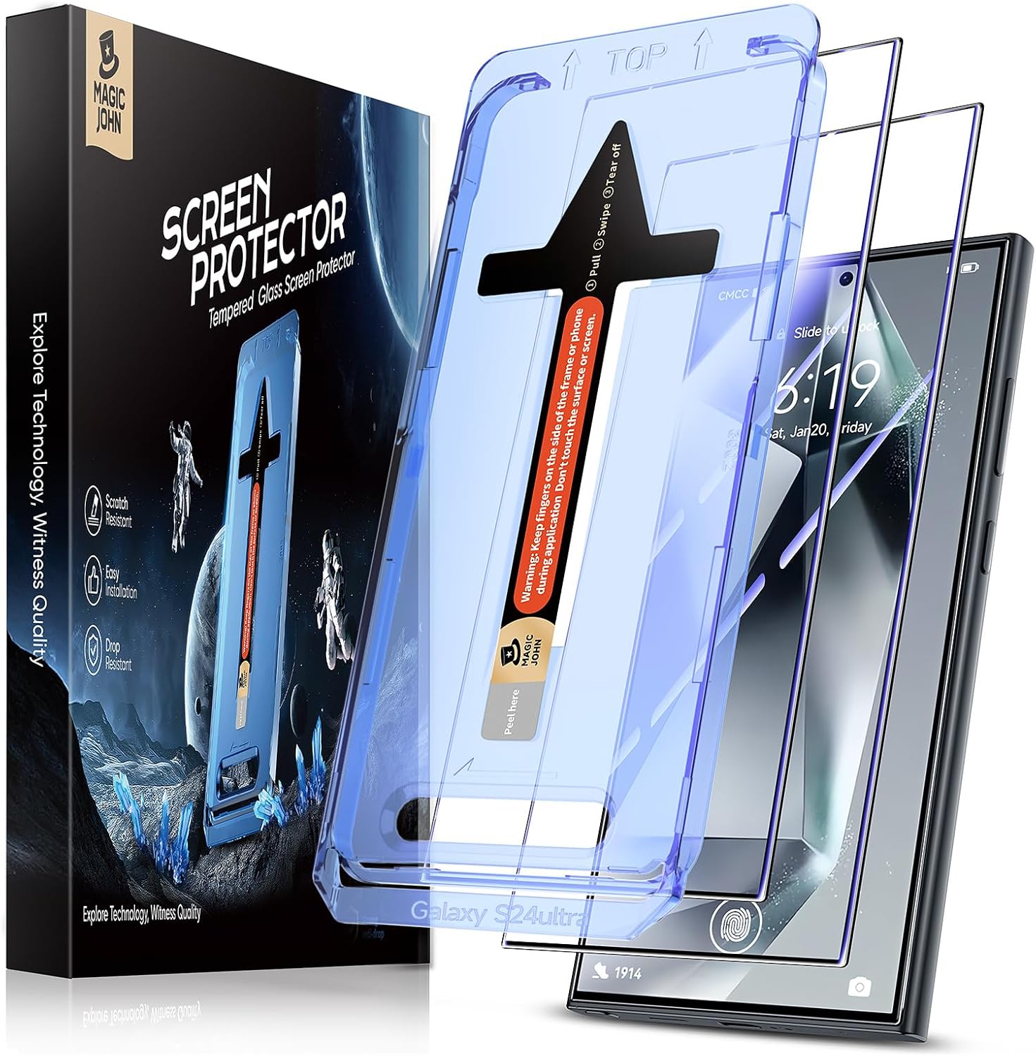 MAGIC JOHN 2 Pack for Samsung Galaxy S24 Ultra Tempered Glass Screen Protector, Auto Dust-Elimination Installation, Bubble Free, HD Clear, Easy Installation