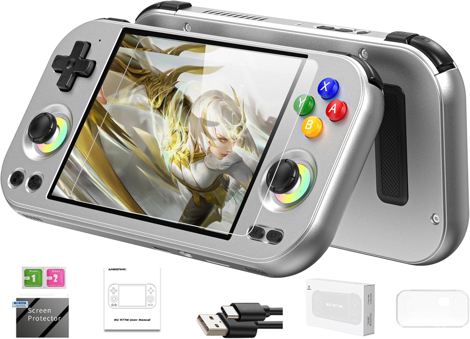 RG477M Retro Handheld Game Console, Aluminum Alloy CNC Dimensity 8300 Android14 System 4.7-inch Touch Handheld Game Console WiFi/Bluetooth Hall joystick RGB light 5300mah 12+ 256gb