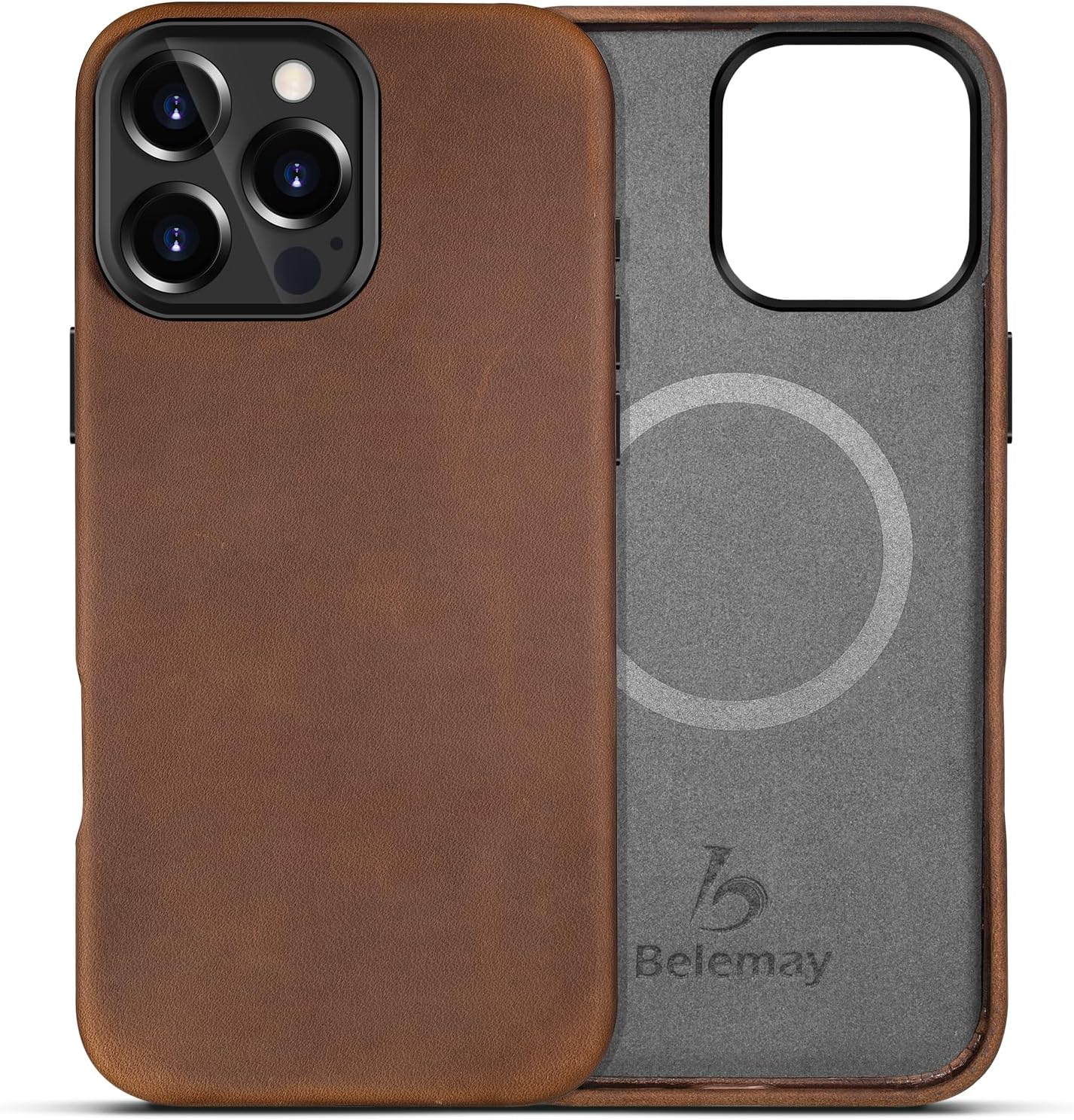 Belemay Compatible with iPhone 16 Pro Leather Case, Compatible with Magsafe, Premium Crazy Horse Leather [Vintage Aesthetic] Comfort Grip, Metal Buttons & Camera Bump Frame, (6.3″) Classic Brown