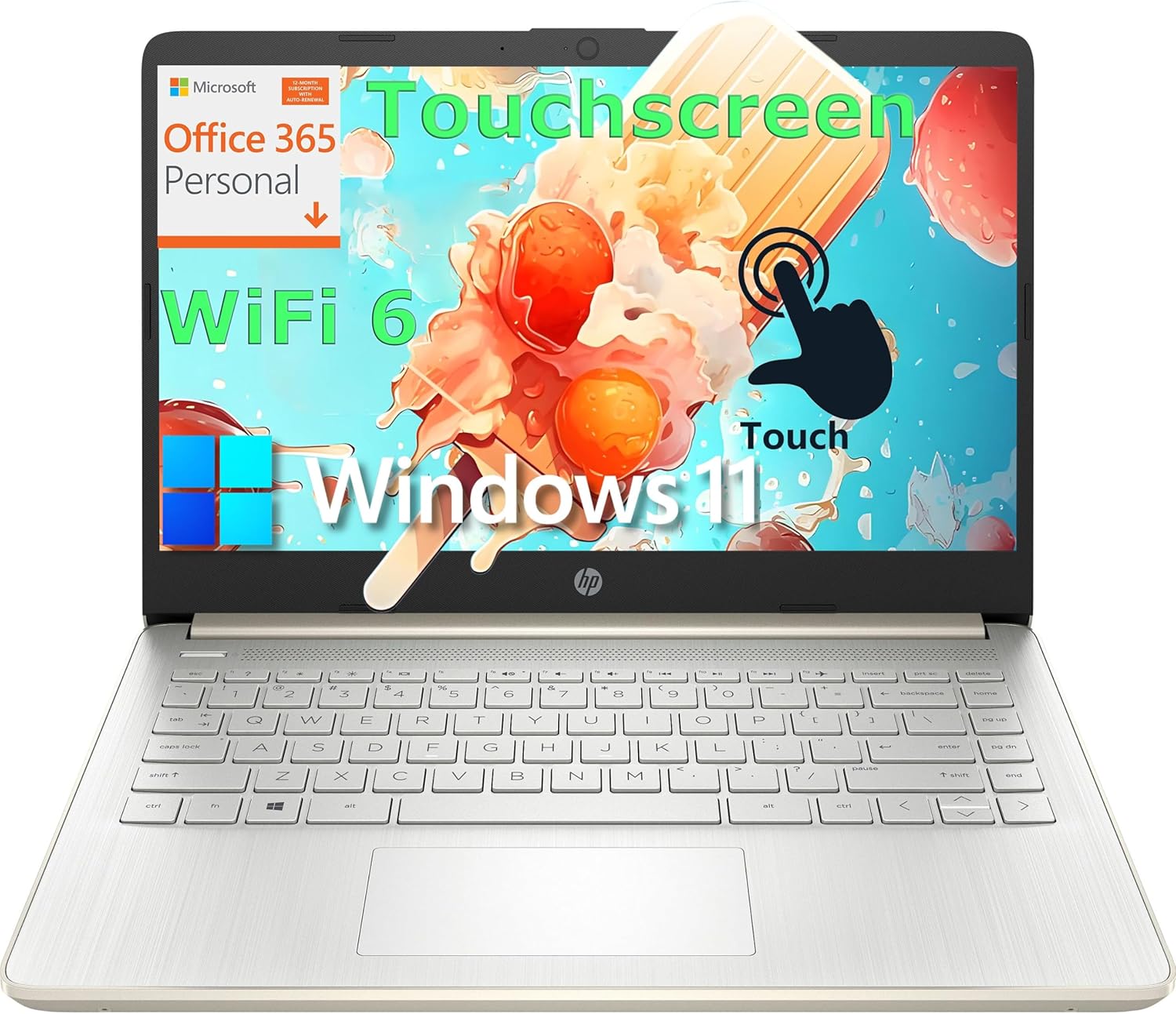 HP Touchscreen Laptop Computer for Home Student Study, 1-Year Office 365, 4GB DDR4 RAM, 64GB eMMC, Intel Processor, 14 inch Display, WiFi 6, Bluetooth, Type-C, Pale Gold, Windows 11 Home S