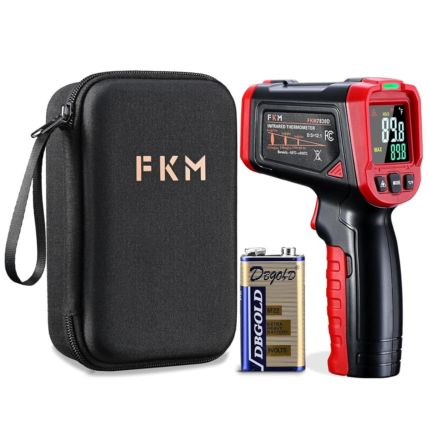 FKM Infrared Thermometer Gun,Non Contact Laser Thermometer Gun for Industrial,HVAC,Engine,Kitchen Cooking,Digital IR Temperature Gun -58°F~1112°F(-50°C~600°C) Adjustable Emissivity,Not for Human