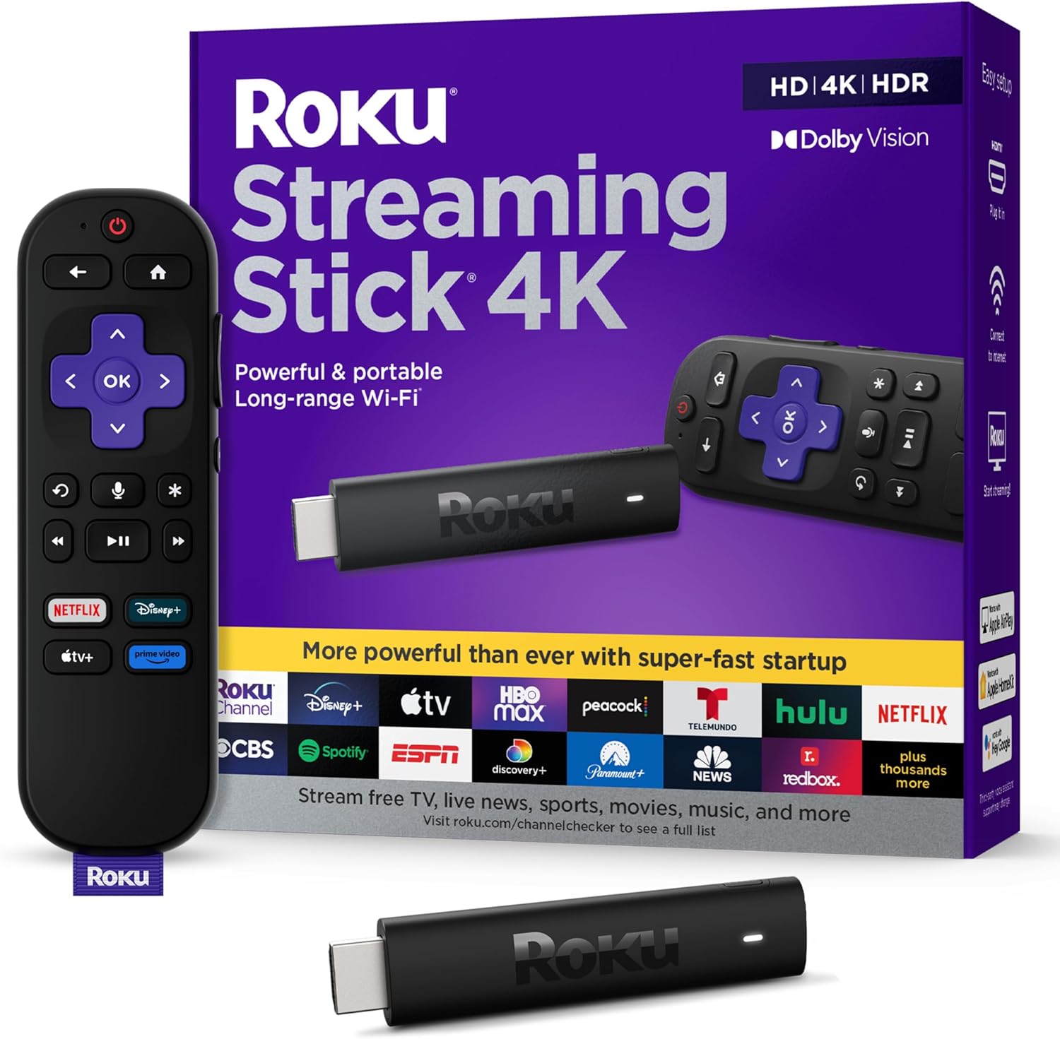 Roku Streaming Stick 4K – HDR & Dolby Vision Roku Streaming Device for TV with Voice Remote & Long-Range Wi-Fi – Free & Live TV