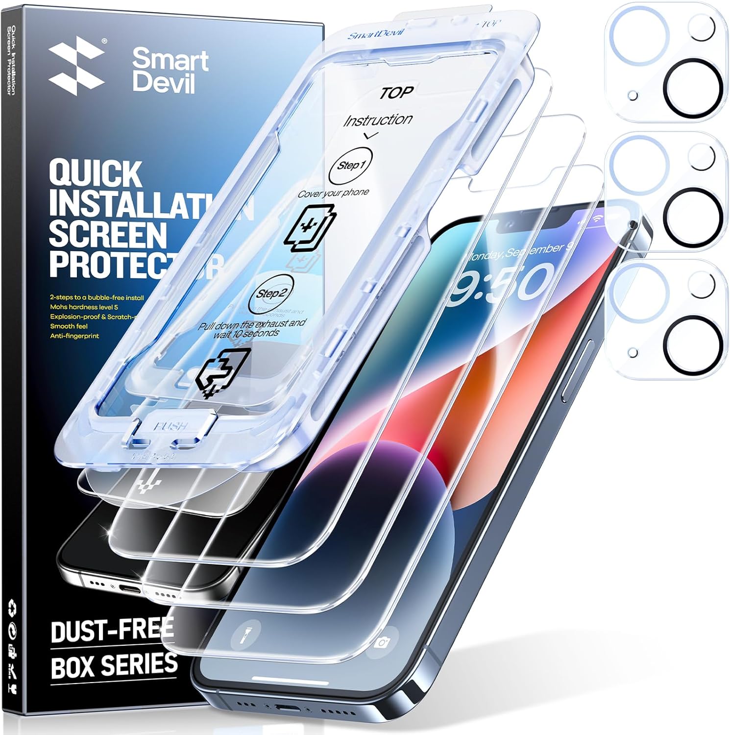 SMARTDEVIL 3-Pack Screen Protector for iPhone 14 with 3-Pack Camera Lens Protector, Clear 9H Tempered Glass Film, Super Fast Installation (Dust-Free & Bubble-Free), Alignment Tool