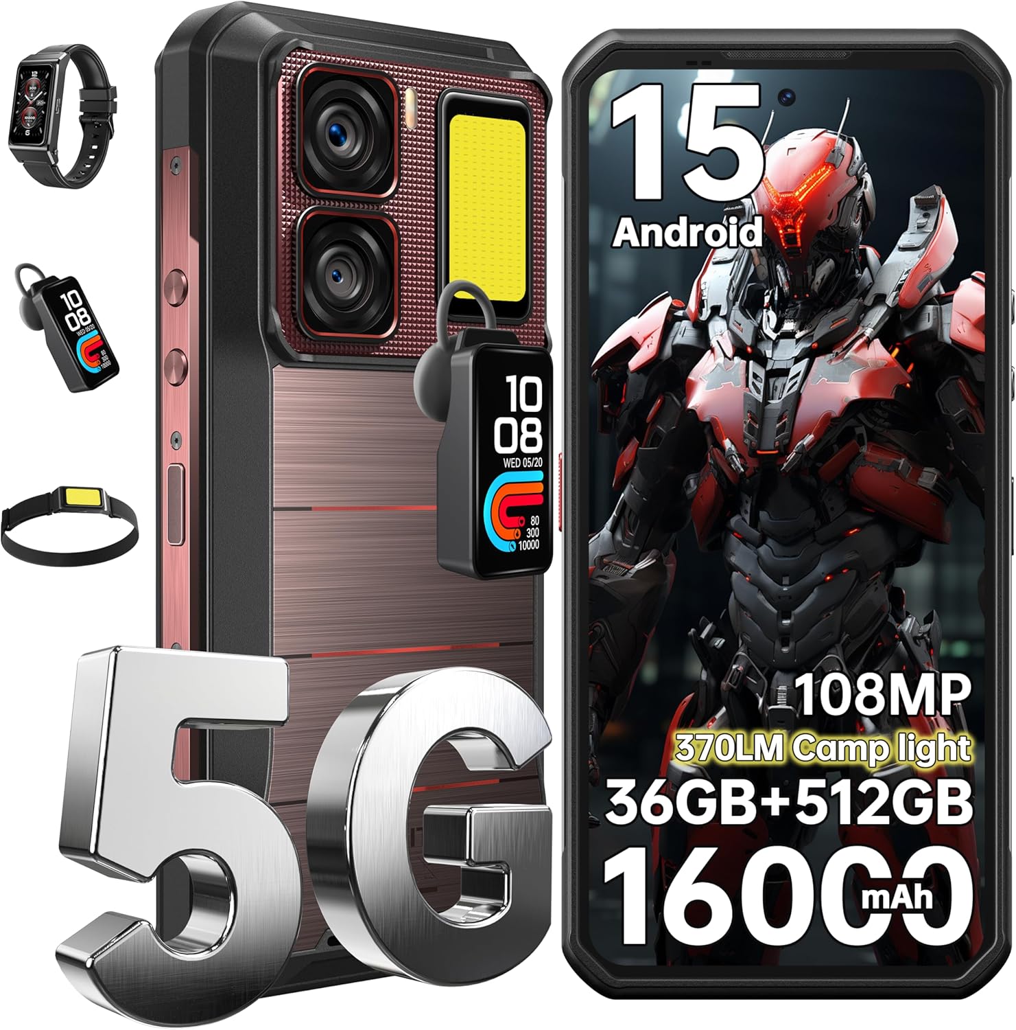 OUKITEL WP300 5G Rugged Phone Unlocked Android 15-36GB+512GB/2TB Rugged Smartphone, 6.8”FHD+ 120Hz Display 108MP Rear Camera 16000mAh Battery Waterproof Cell Phones, IP68/IP69K/WiFi6/NFC