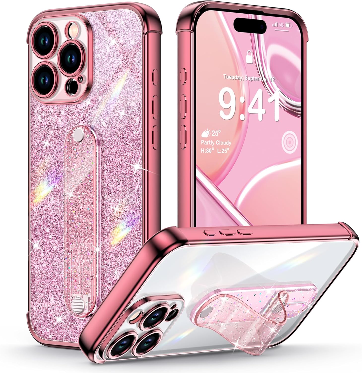 Silverback for iPhone 16 Pro Max Case with Strap Stand, Glitter Phone Case with Adjustable Wristband, Slim Protective Bling Cover for Women/Girls – Clear Rose Gold Glitter