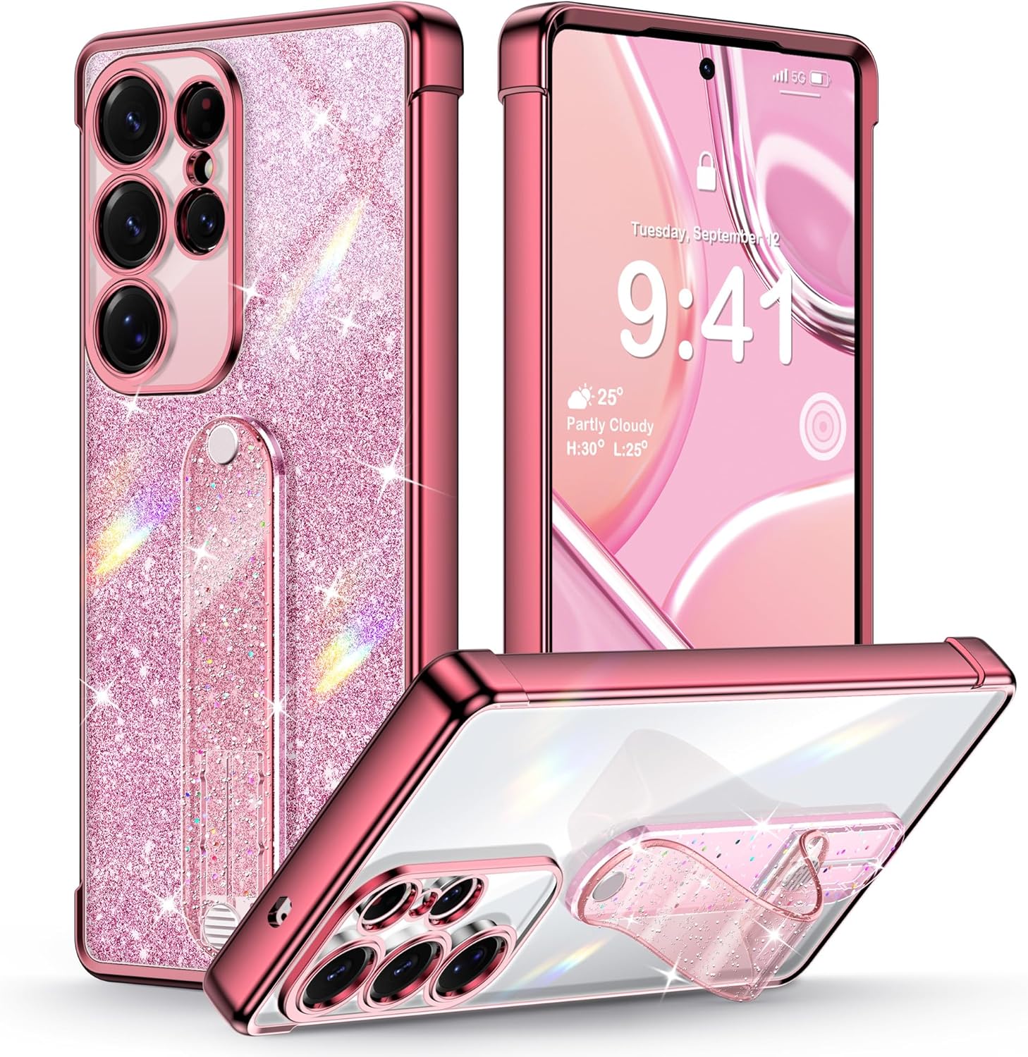 Silverback for Samsung Galaxy S25 Ultra Case with Strap Stand, Glitter Phone Case with Adjustable Wristband, Slim Protective Bling Cover for Women/Girls – Clear Glitter Rose Gold