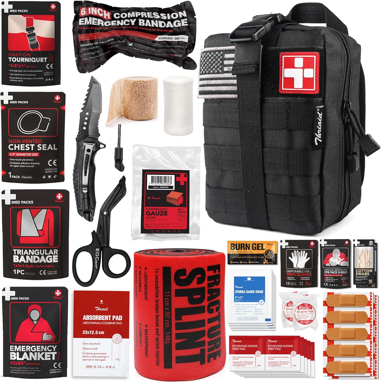 Survival First Aid Kit with Israeli Bandage, Chest Seal, Tourniquet, Splint, Tactical Military Combat Molle IFAK for Wound Care, Bleeding Control, Trauma Hemorrhage and More (Red)