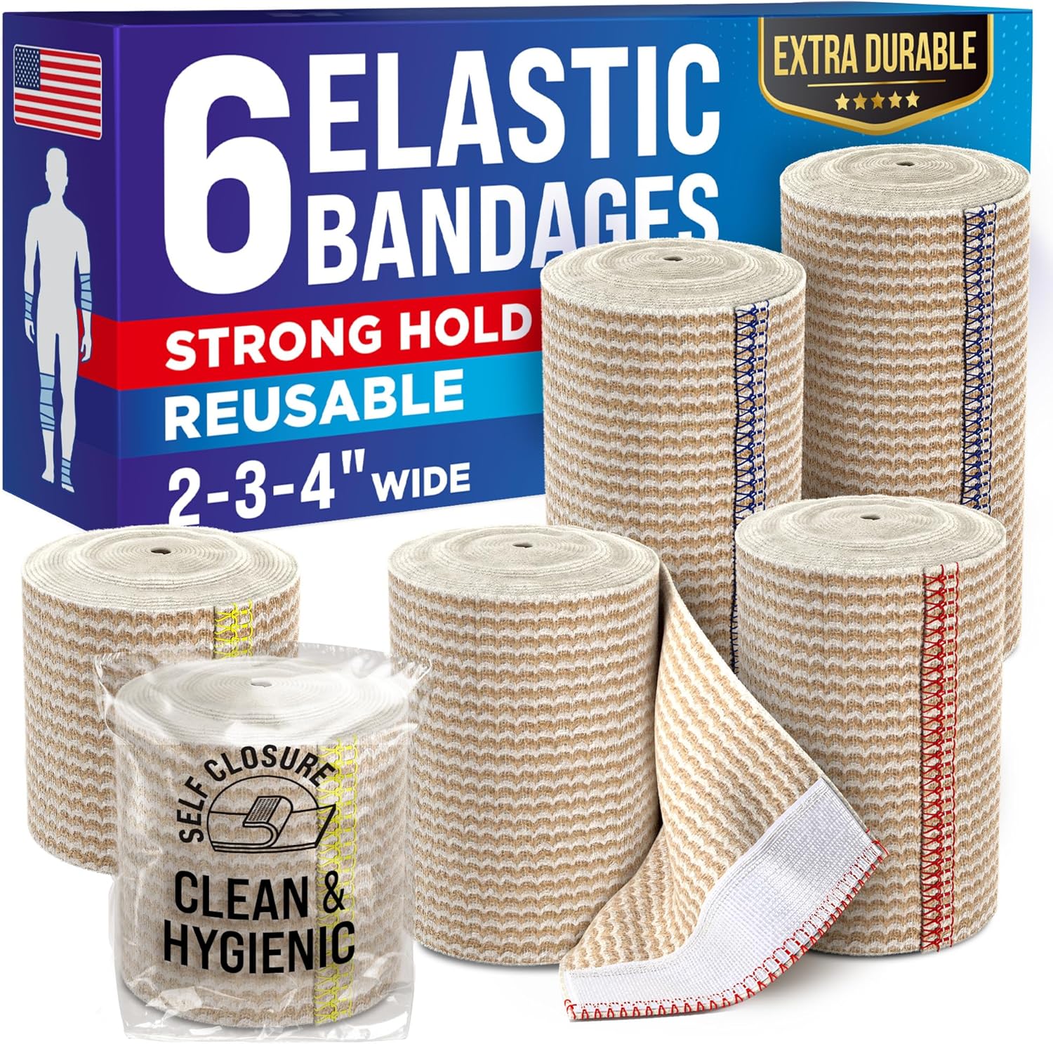 High-Performance Elastic Bandage Wrap – 6 Pack (2x2in, 2x3in, 2x4in) – Self-Closing Strong Compression Bandage Wrap for Feet, Ankles, Wrists, and Knees