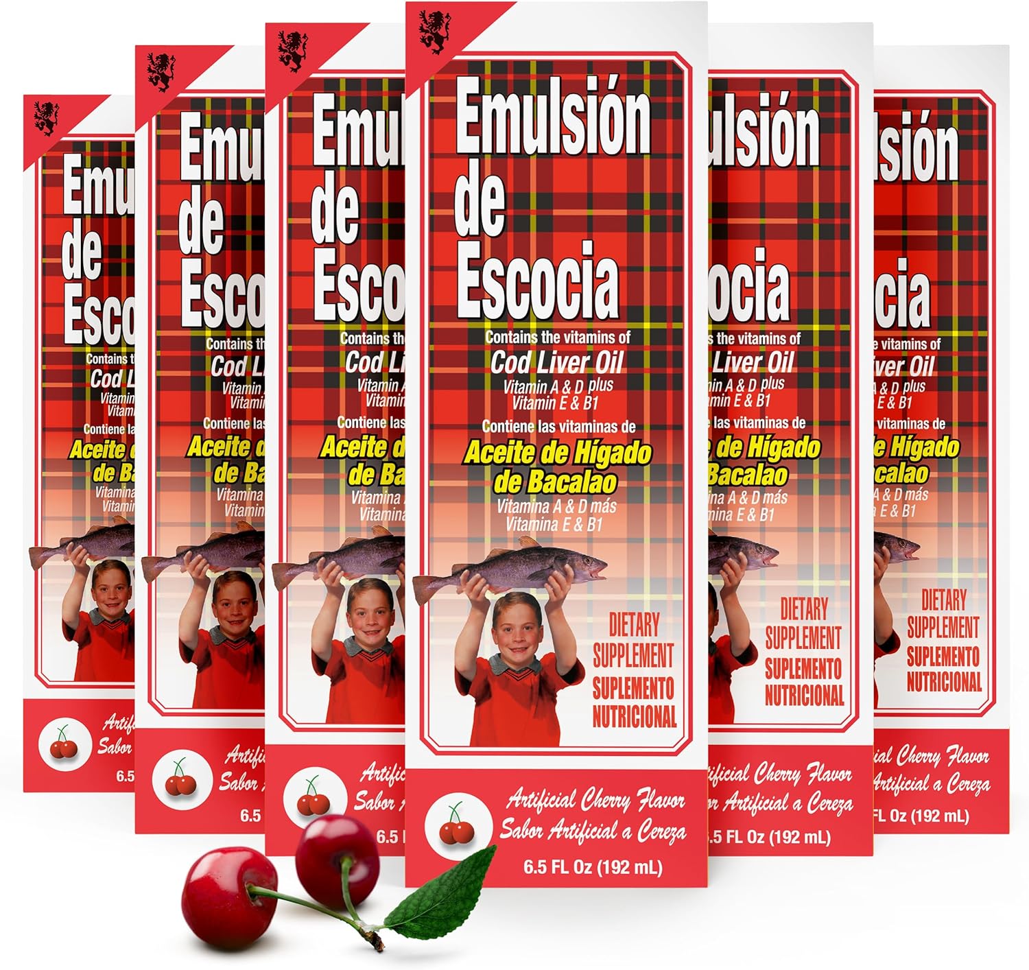 Emulsion de Escocia Cherry Flavor 6-Pack – Cod Liver Oil Liquid Supplement for Kids – Omega-3 Fish Oil with Vitamins A, D, E & B1 – Immune Support & Growth for Children – 6.5 Fl Oz Pack of 6