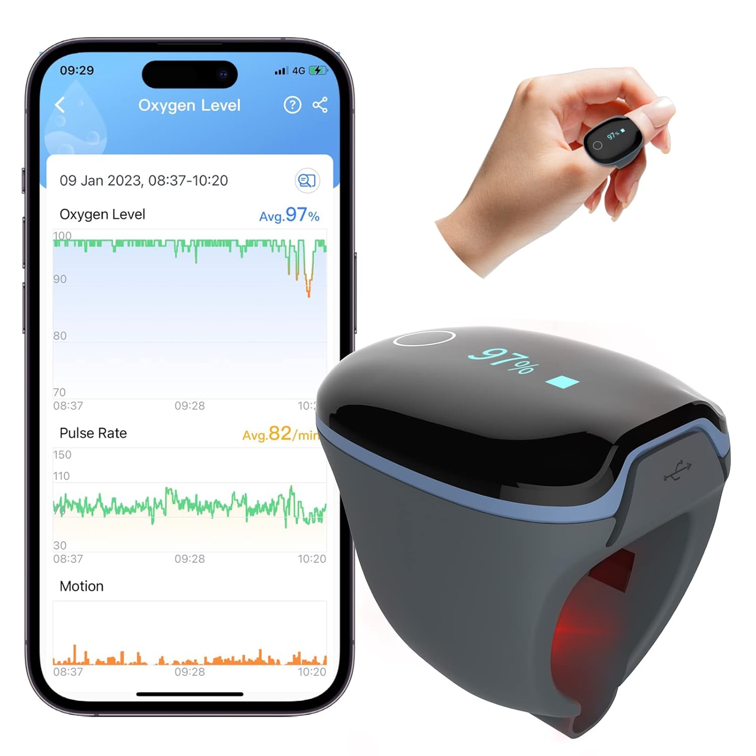 Wellue O2Ring Pulse Oximter, Bluetooth SPO2 Blood Oxygen Saturation Monitor – Wearable O2 Ring Sensor with Vibration Reminder, Free APP & PC Report, Rechargeable