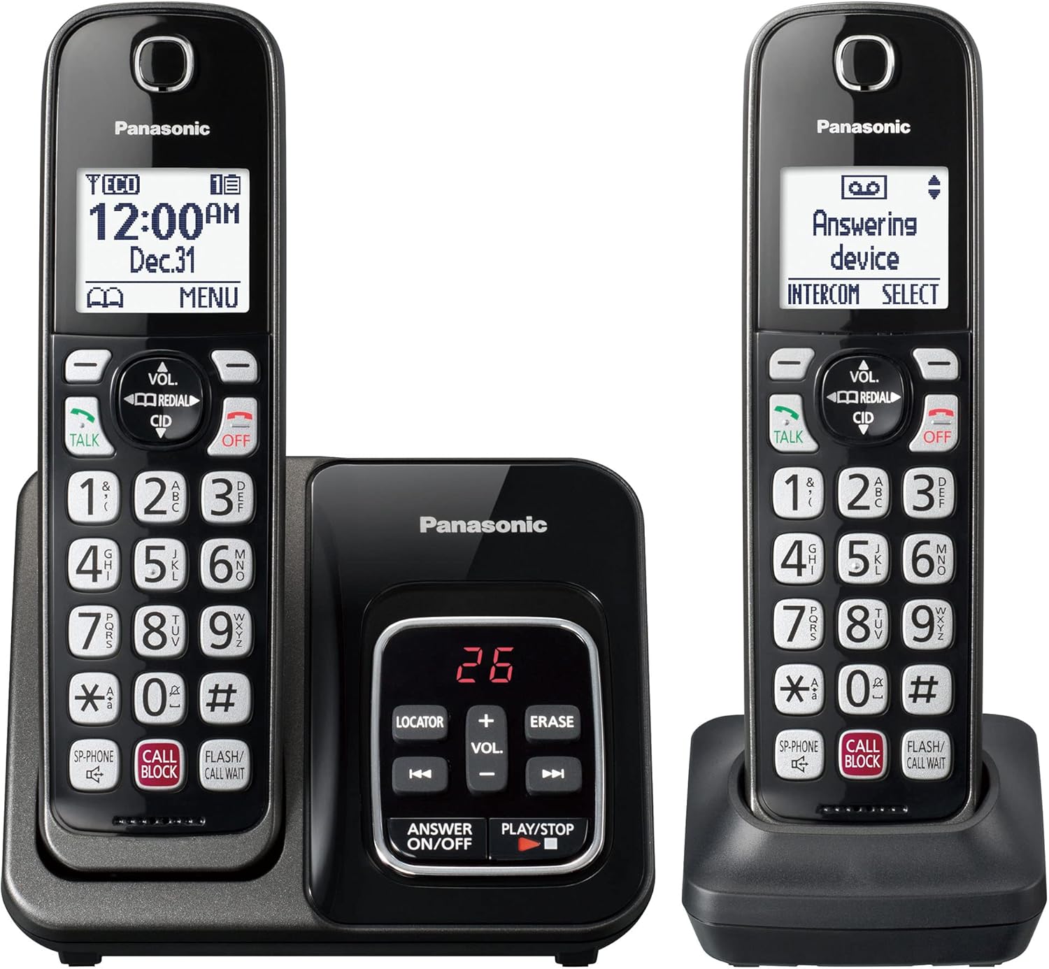 Panasonic Cordless Phone with Answering Machine, Advanced Call Block, Bilingual Caller ID and High-Contrast Display, Expandable System with 2 Handset Cordless Telephones – KX-TGD832M (Metallic Black)