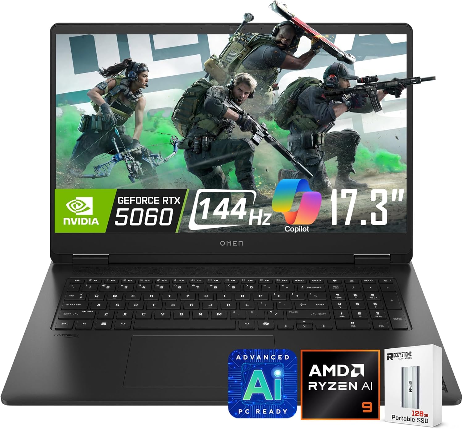 HP OMEN AI Gaming Laptop, 17.3 144Hz FHD Display, AMD Ryzen AI 9 365(>i9-13900H), GeForce RTX 5060, Copilot, RGB Backlit Keyboard,1080p Webcam, WiFi 6E, Windows 11 Home, Black(32GB DDR5 RAM | 1TB SSD)