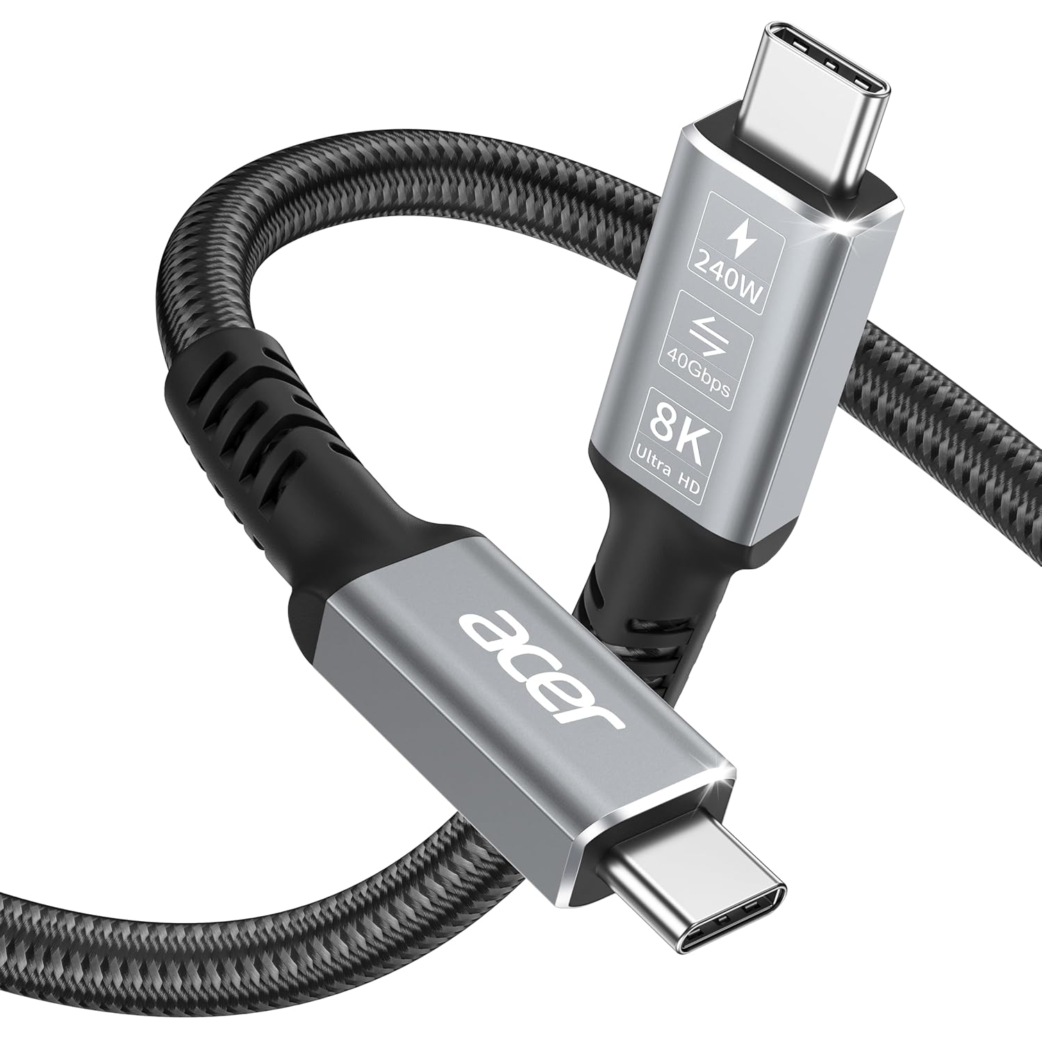 acer USB4 Cable 40Gbps, 8K@60Hz USB-C Video Cable, 240W Fast Charging Thunderbolt 4/3 Braided High Speed Cable Compatible with MacBook, SSD, Docking, iPhone 16 and More (2.3FT)