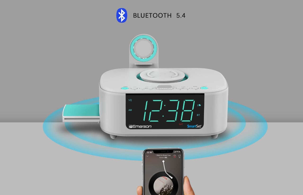 Emerson CKSW5010 Smartset Wireless Charging, Dual Alarm FM Clock, Bluetooth Radio/Speaker, 15W for Ultra-Fast Charging, 3W Retractable Port for Air Pods, White