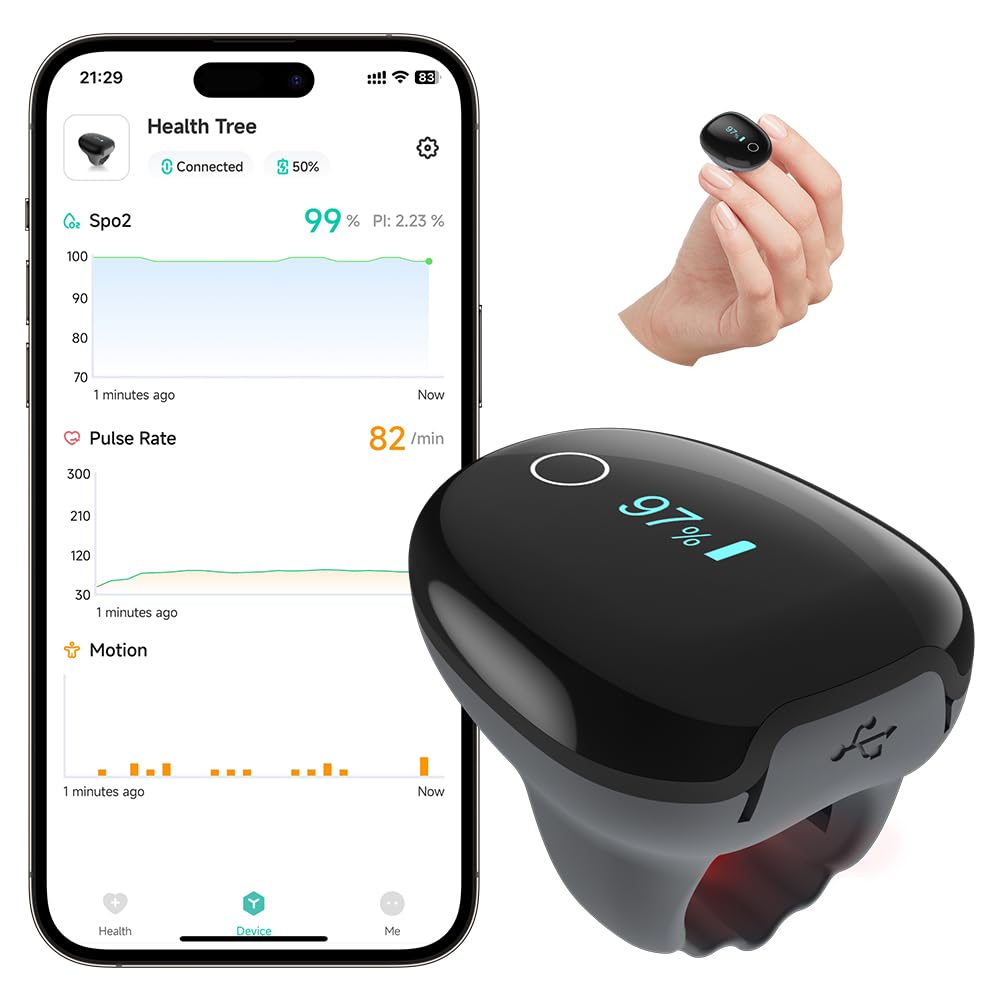 Pulse Oximeter O2 Ring Oxygen Monitor Blood Oxygen Saturation Continuous Recording of SpO2&PR Rechargeable Pulse Ox continuous pulse oximeter with Bundle APP Provides Report