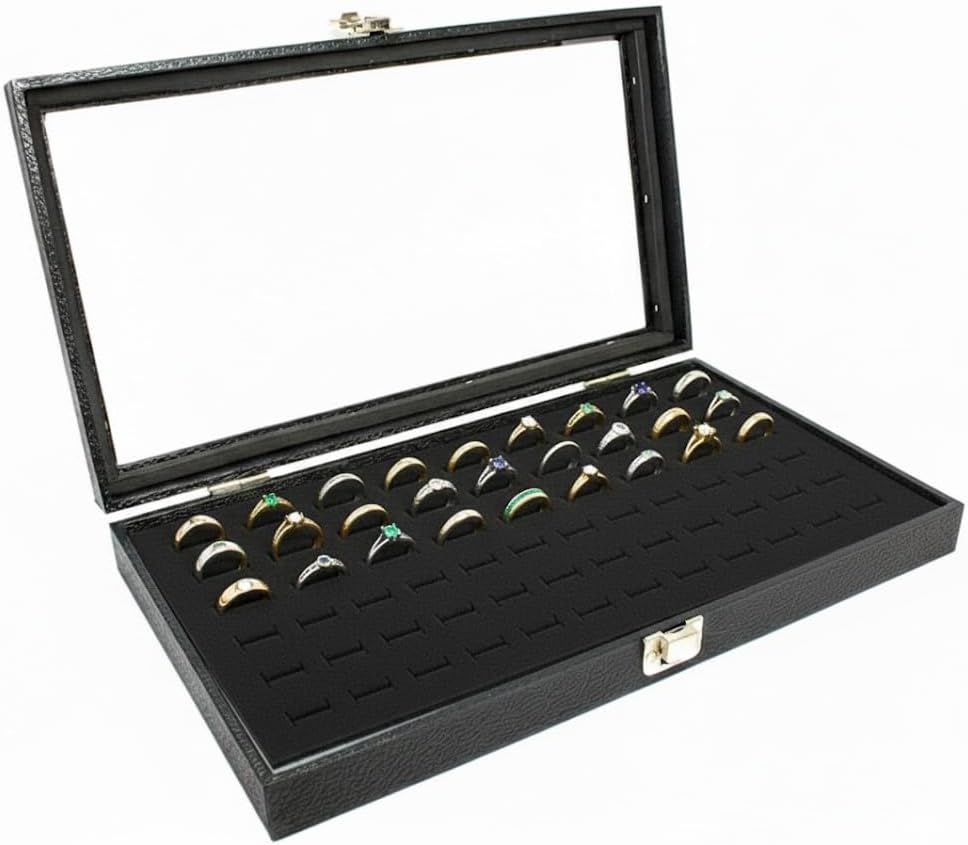 Novel Box Ring Display Glass Case Black 14.75×8.25×2.1 Inches with 72-Slot Black Ring Foam Insert – Travel Ring Case with Metal Clasp – Jewelry Box to Keep Rings Dust Free & Secure