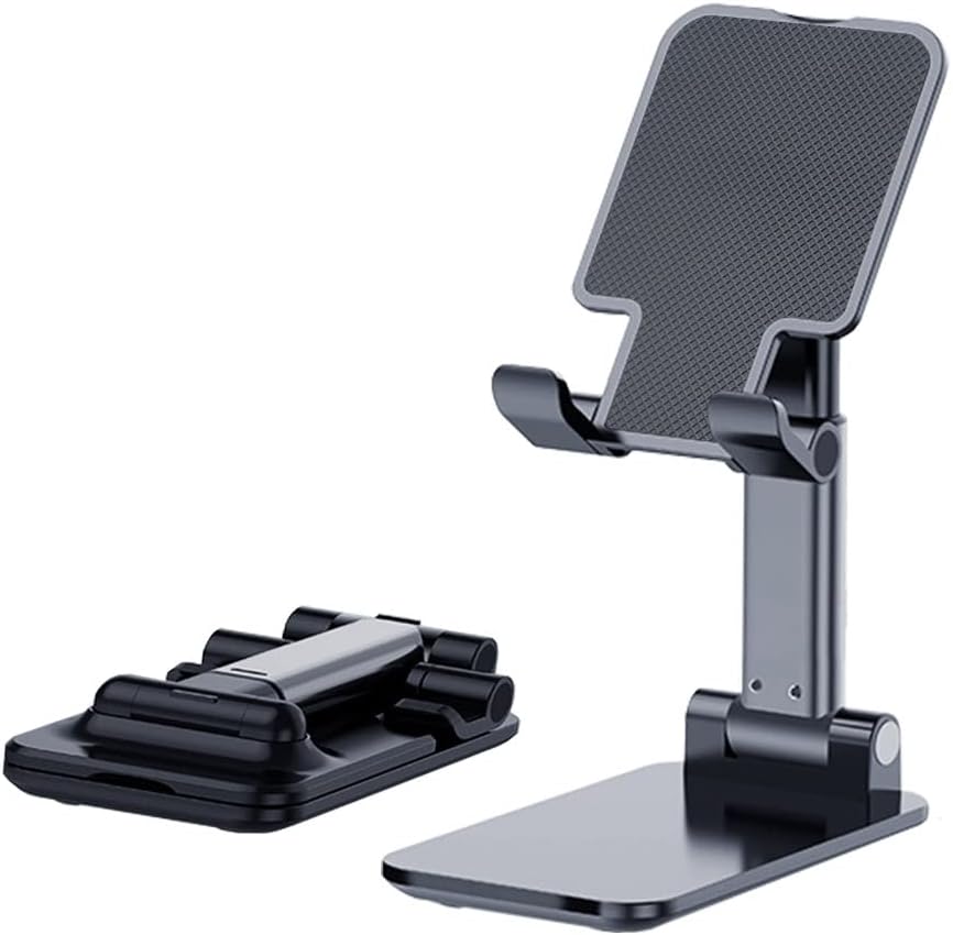 Phone Holder for Desk, MT-6 Cell Phone Stand for Desk Universal Cellphone Stand Holder Foldable & Height Adjustable Compatible Under 8” Device, with Silicone Mat, Black