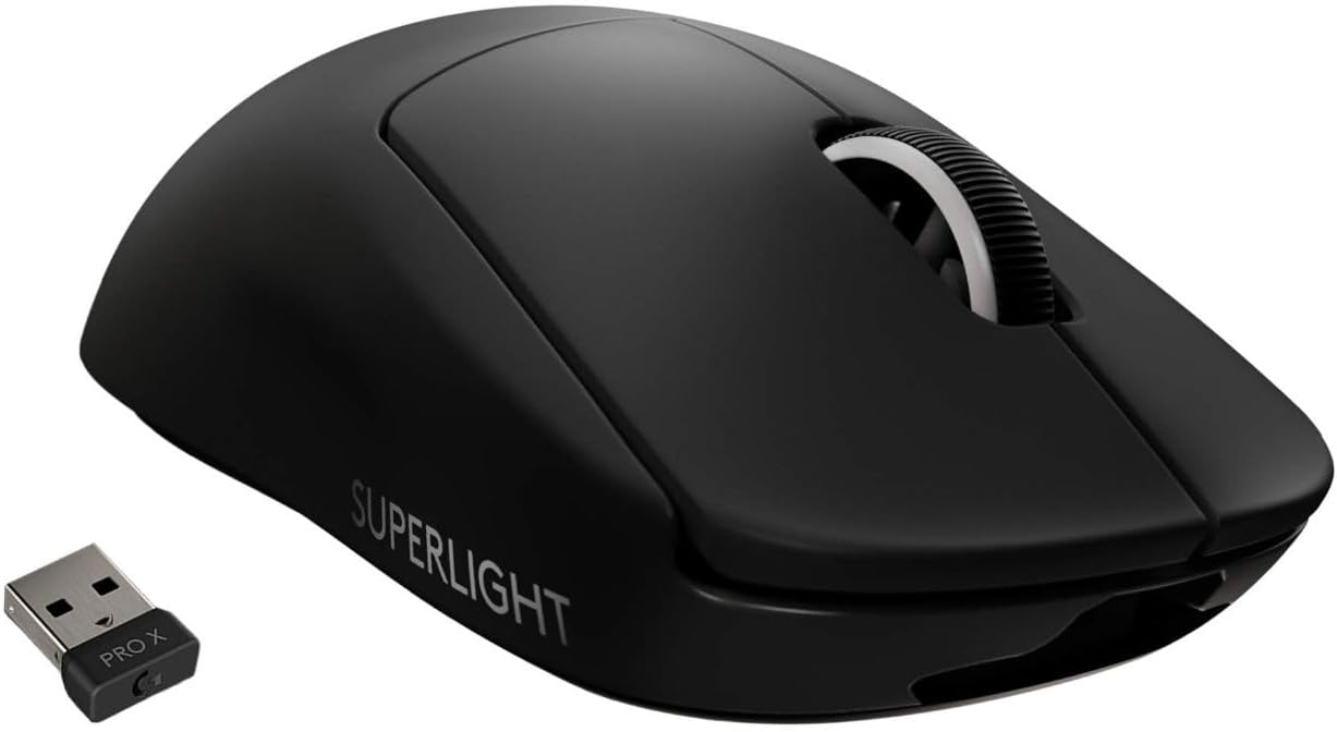Logitech G PRO X Superlight Wireless Gaming Mouse, Ultra-Lightweight, Hero 25K Sensor, 25,600 DPI, 5 Programmable Buttons, Long Battery Life, Compatible with PC/Mac – Black