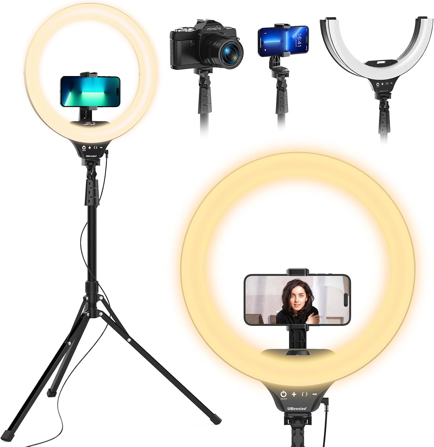 UBeesize 14” Foldable Ring Light with 62” Tripod Stand and Phone Holder, LED Selfie RingLight for iPhone with Remote, Circle Light for Tiktok/YouTube/Photography/Makeup/Live Stream
