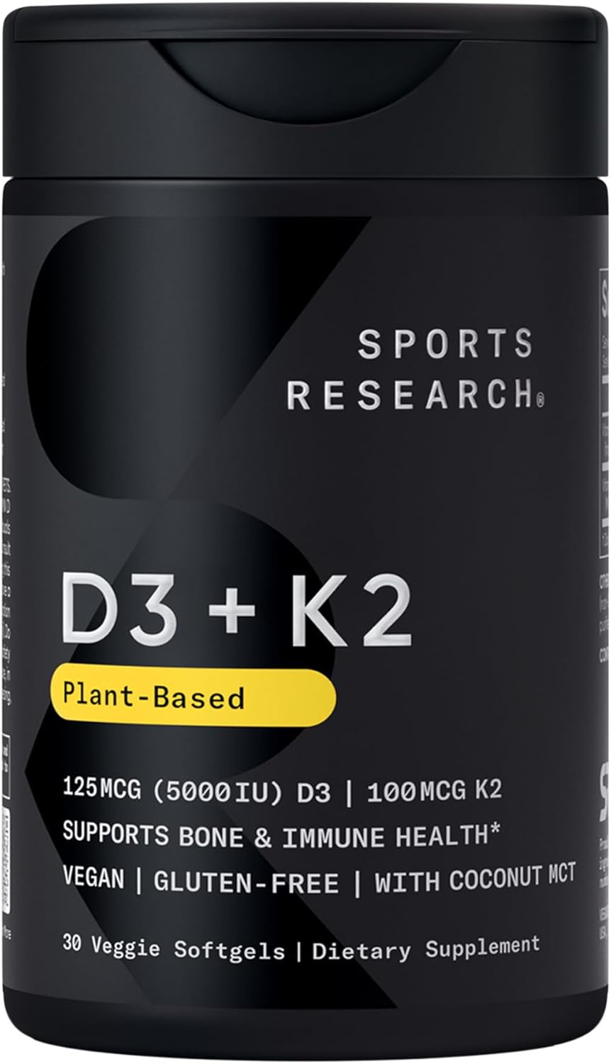 Sports Research® Vitamin D3 + K2 w/Coconut Oil – Vegan Vitamin D 5000iu (125mcg) & Mk7 Vitamin K 100mcg for Bone & Immune Support – Vegan Certified · Non-GMO · Soy Free – 30 Softgels