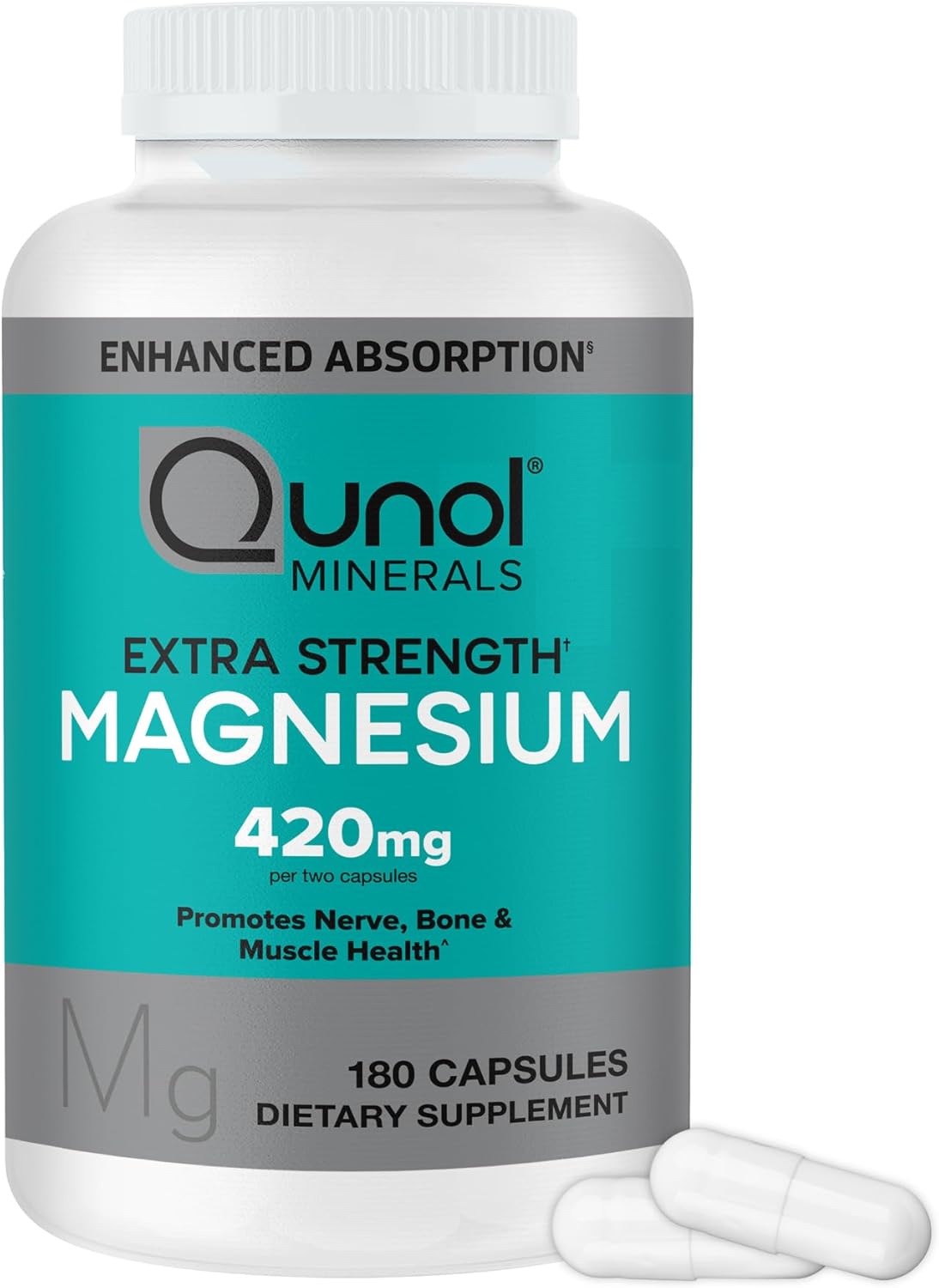 Qunol Magnesium Capsules 420mg, 100% DV, High Absorption Magnesium Supplement, Extra Strength, Bone and Muscle Health Supplement, 180 Count