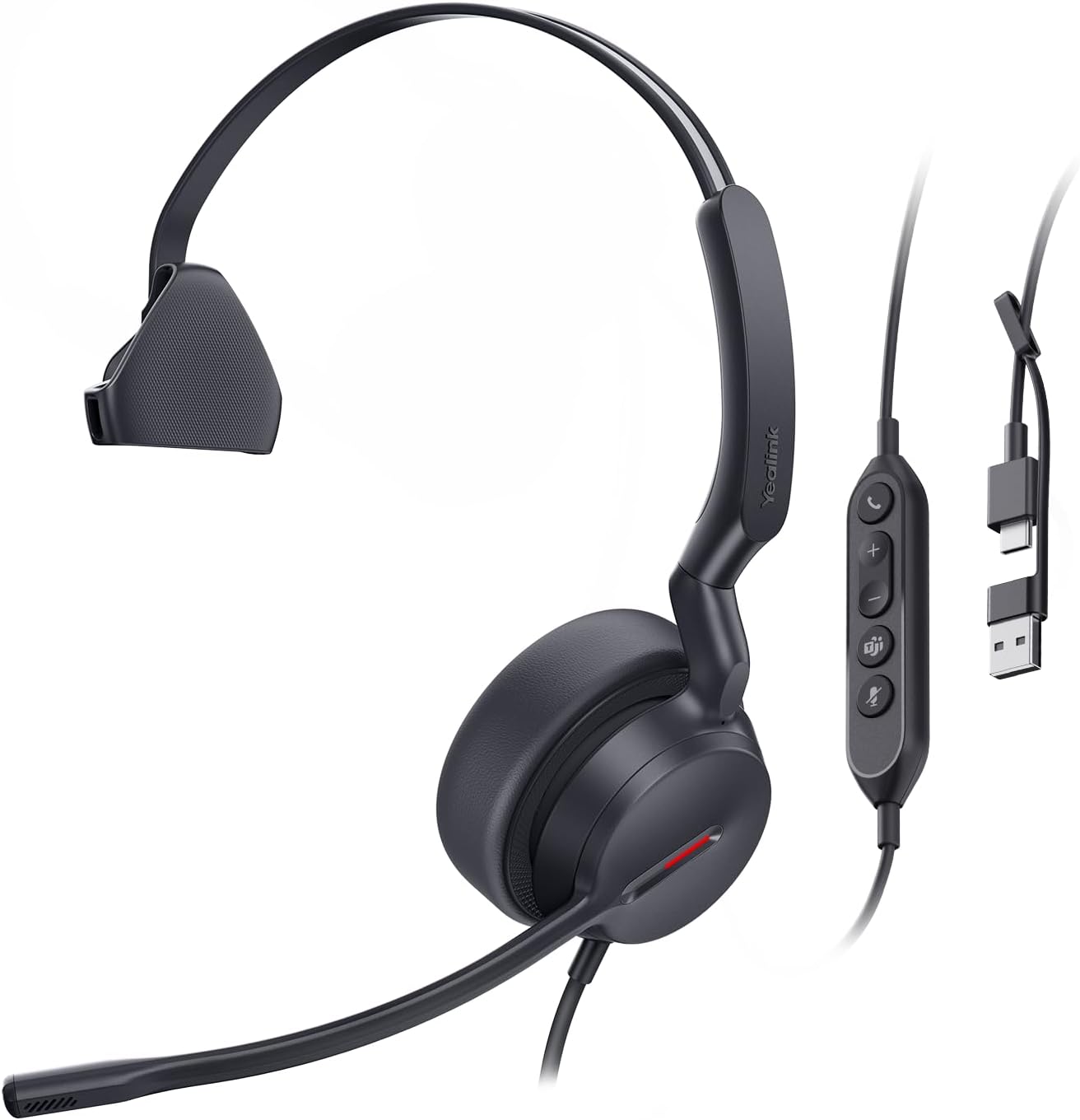 Yealink UH44 Teams Certified USB Headset – Noise Cancelling Mic, Single-Ear Design with Pivotable Boom, Monaural Audio for PC/Laptop with Inline Controls, USB-C/A & Busylight