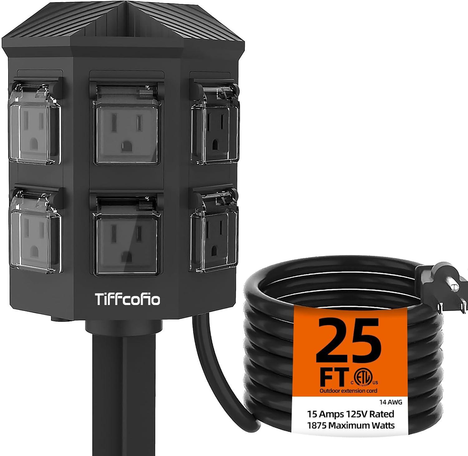 TiFFCOFiO Outdoor Power Strip Weatherproof, 25 FT Extension Cord with Stake, 6 Grounded Outlets for Christmas Yard Decorations and Inflatables, 15A/1875W, ETL Listed