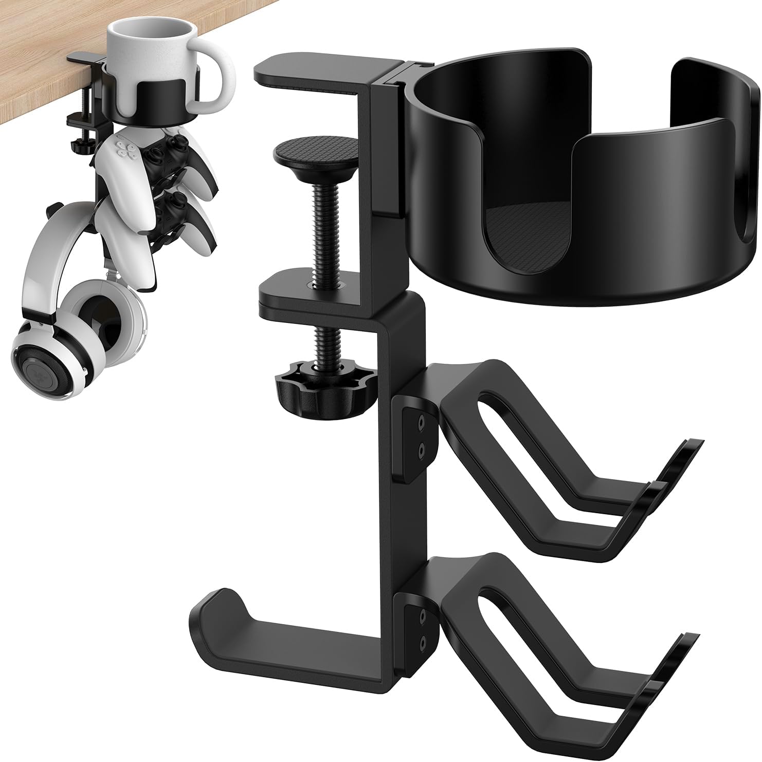 4 in 1 Desk Cup Holder with Headphone Hanger and Controller Stand Gaming Accessories, Universal Adjustable & Rotating Upgraded Arm Clamp for Coffee Mugs, Water Bottles, Headphones, Controller.