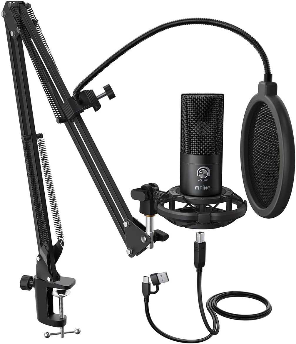 FIFINE Studio Condenser USB Microphone Computer PC Microphone Kit with Adjustable Boom Arm Stand Shock Mount for Instruments Voice Overs Recording Podcasting YouTube Vocal Gaming Streaming-T669