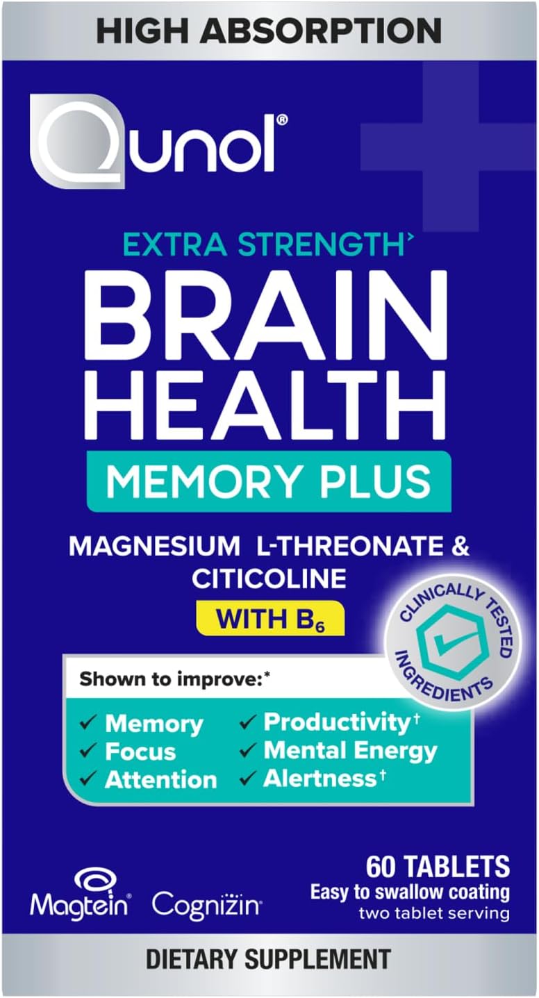 Qunol Brain Health Memory Plus with B6, Magnesium L-Threonate & Citicoline, Clinically Tested Ingredients to Improve Memory, Focus, Attention and Productivity, 60 Count (Pack of 1)
