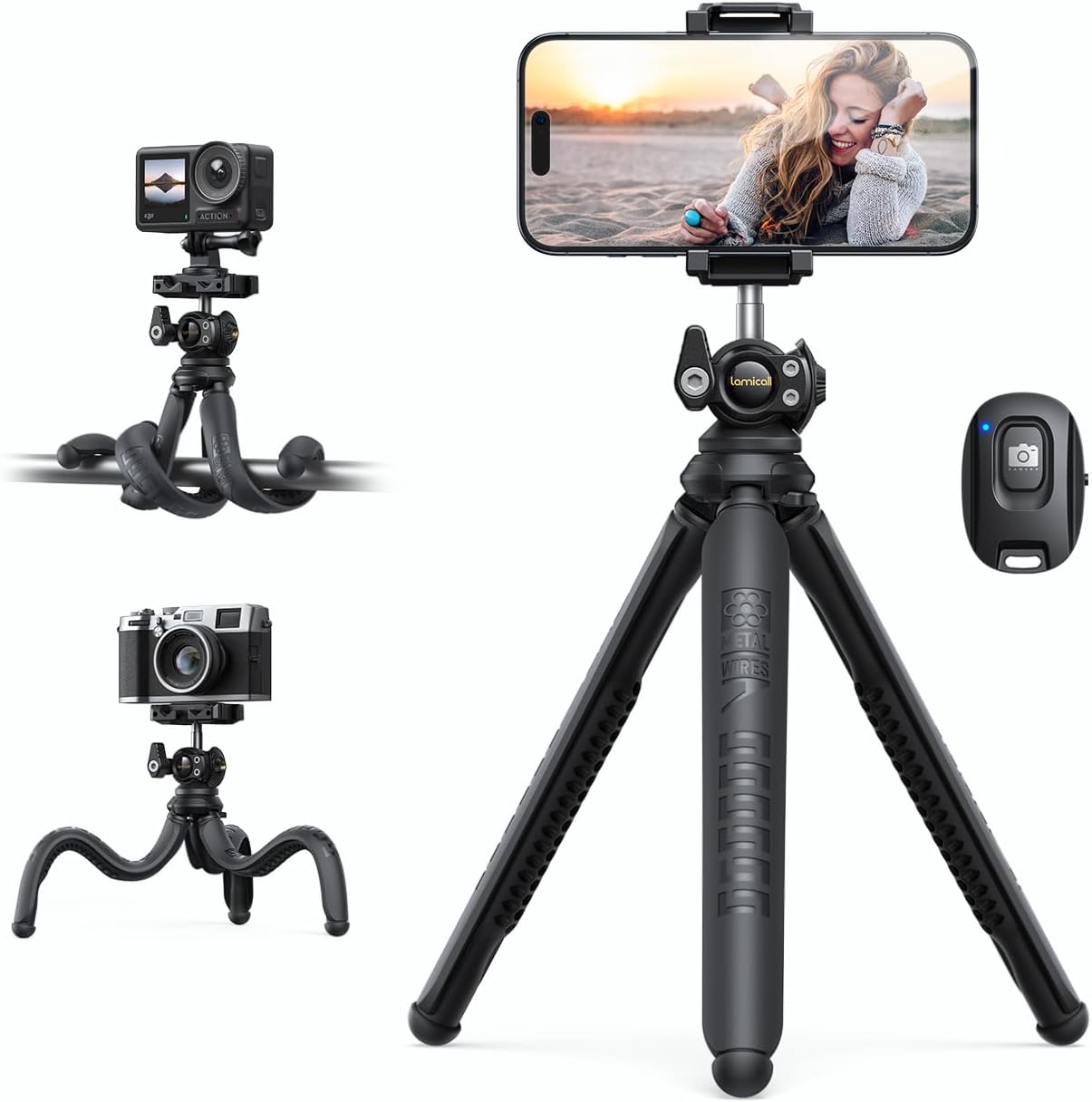 Lamicall Tripod for iPhone – 3 in 1 Flexible Phone Tripod with Wireless Remote – iPhone Stand for Video Recording Vlogging Selfie Compatible with Samsung Go Pro, Digital Camera