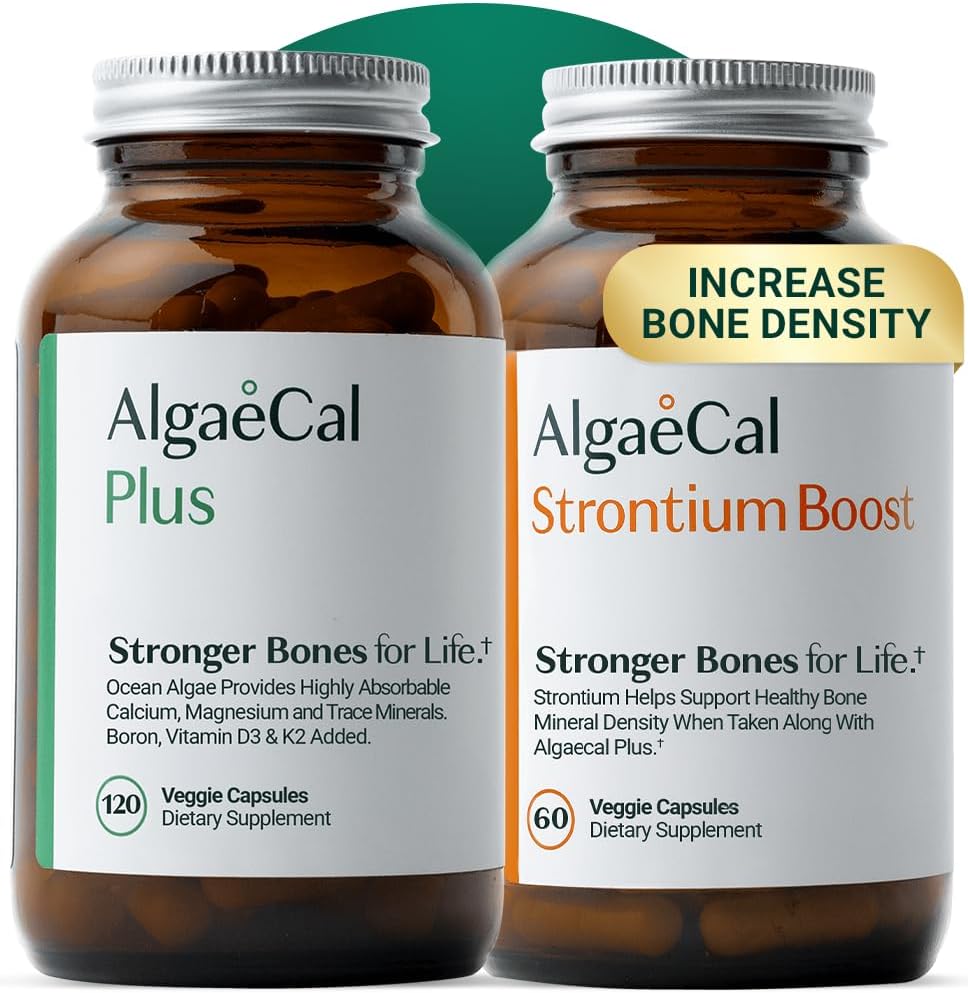 AlgaeCal – Bone Builder Pack for Bone Density Increase, Clinically Supported Plant Based Calcium Supplement & Strontium, Vitamins K2 (100mg), D3 (1600 IU), Magnesium & 16 Essential nutrients