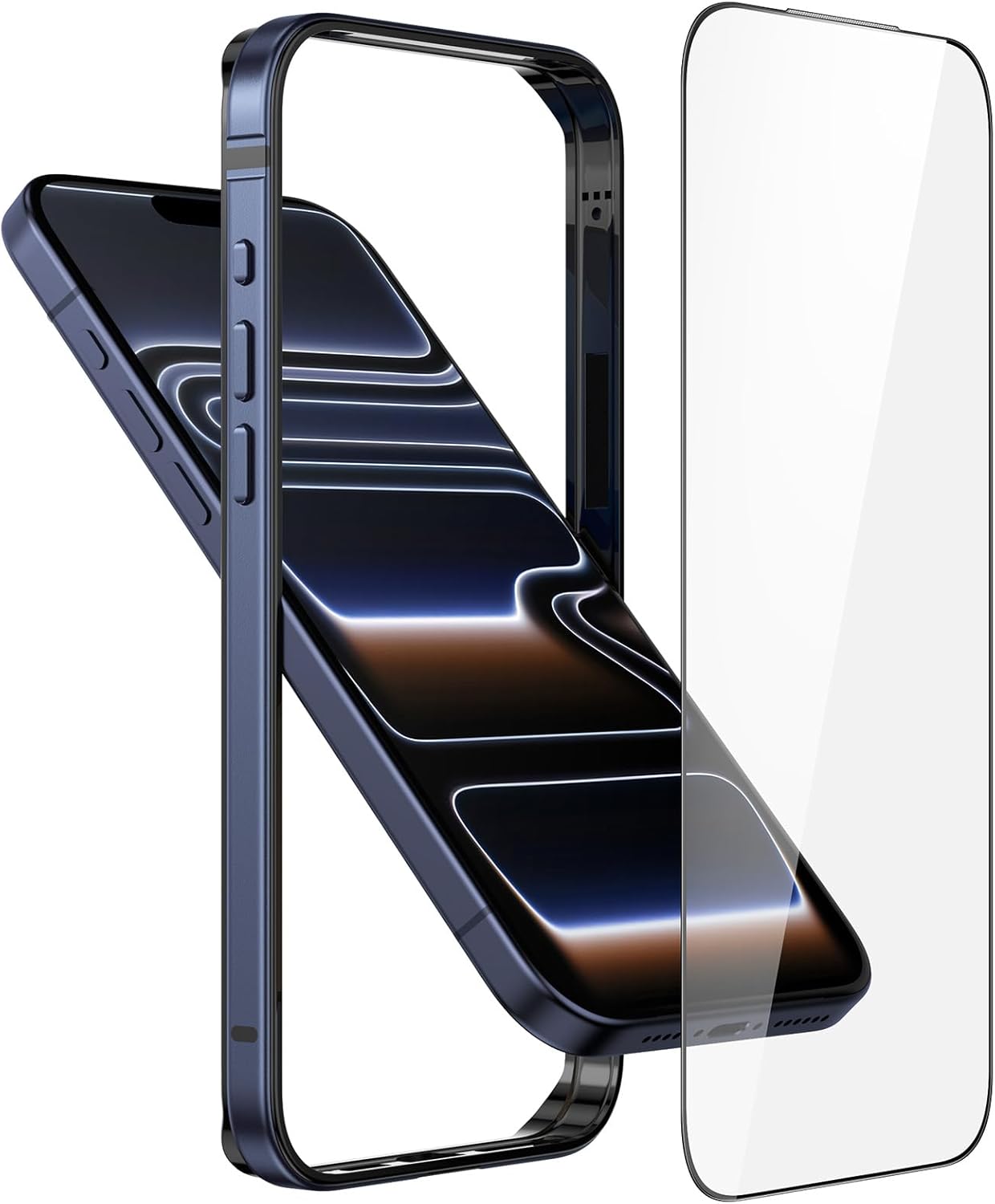 Metal Bumper Case for iPhone 17 Pro Max, Aluminum Frame Slim Case [Soft Silicone Inner Bumper][Raised Edge Protection] HD Tempered Glass Screen Protector Cover for iPhone 17 Pro Max Navy Blue