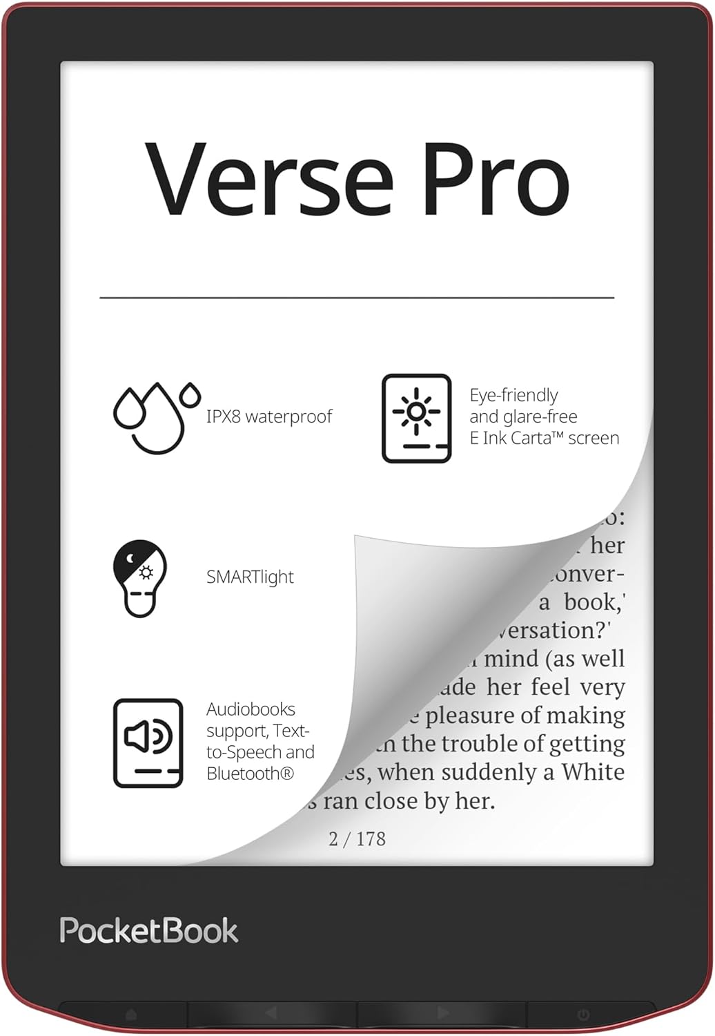PocketBook Verse Pro E-Reader Waterproof | Eye-Friendly 6” E-Ink Carta™ HD Touchscreen | Audio-Book & E-Book Reader | Text-to-Speech Function | SMARTlight | 16GB | WiFi & Bluetooth | Red