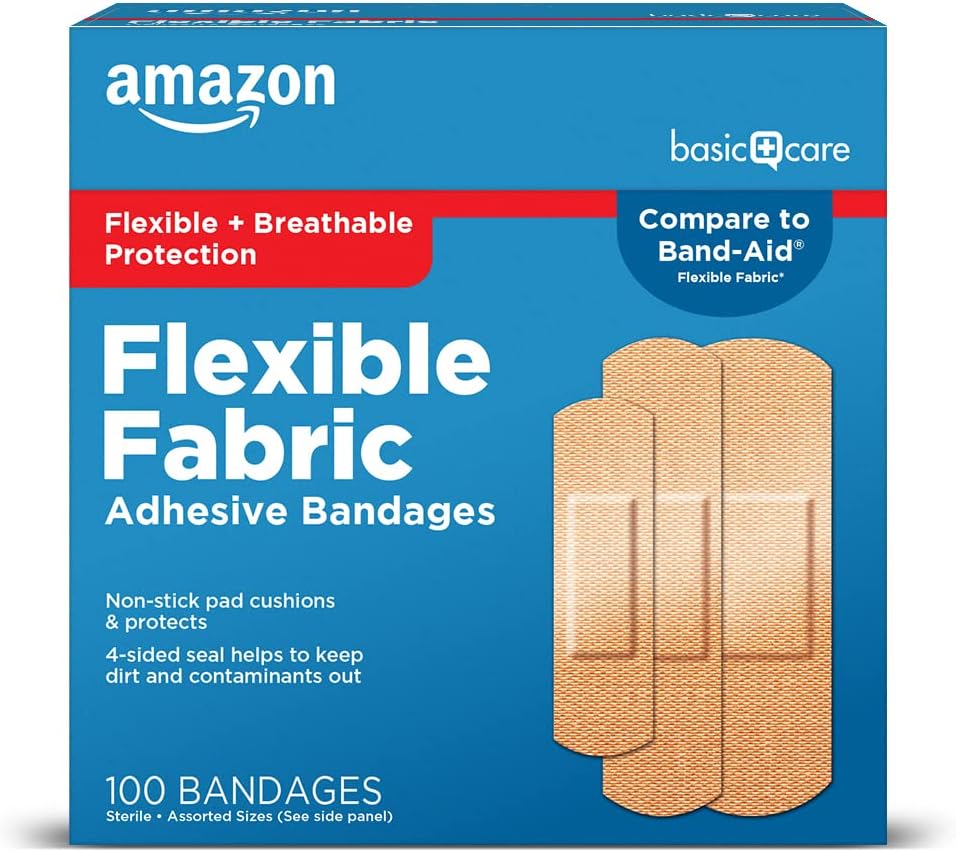 Amazon Basic Care Flexible Fabric Adhesive Bandages, First Aid for Wounds and Scrapes, Breathable First Aid Wound Care Supplies, Assorted Sizes, 100 Count