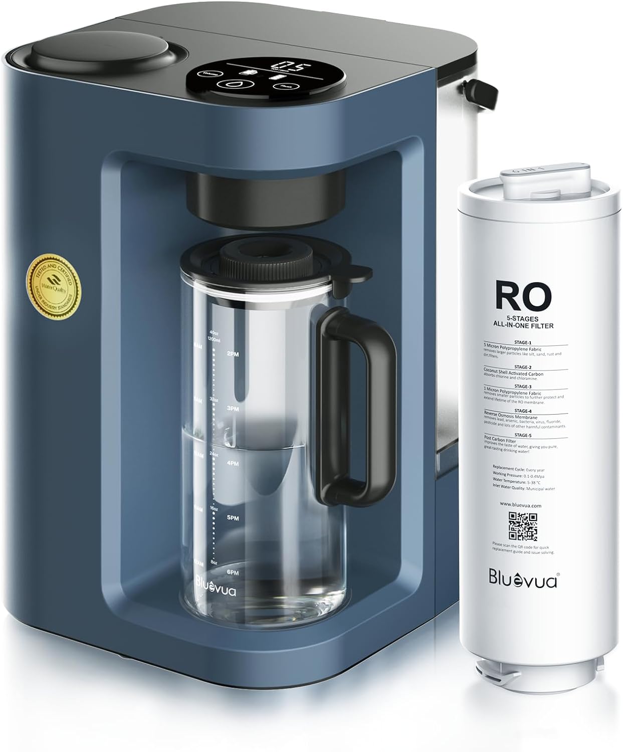 Bluevua RO100ROPOT-LITE Countertop Reverse Osmosis Water Filter System, 5 Stage Purification, 3:1 Pure to Drain, Portable Water Purifier (No Installation Required) (Blue)