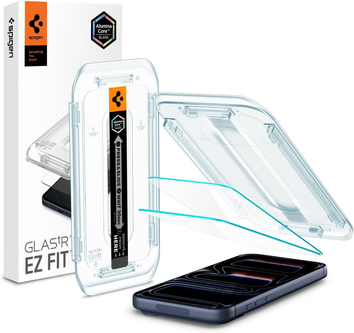 Spigen AluminaCore Tempered Glass Screen Protector [Glas.tR EZ Fit] designed for iPhone 17 Pro | iPhone 17 | iPhone 16 Pro [2 Pack] 9H+ Hardness, Aluminum-Enhanced Durability