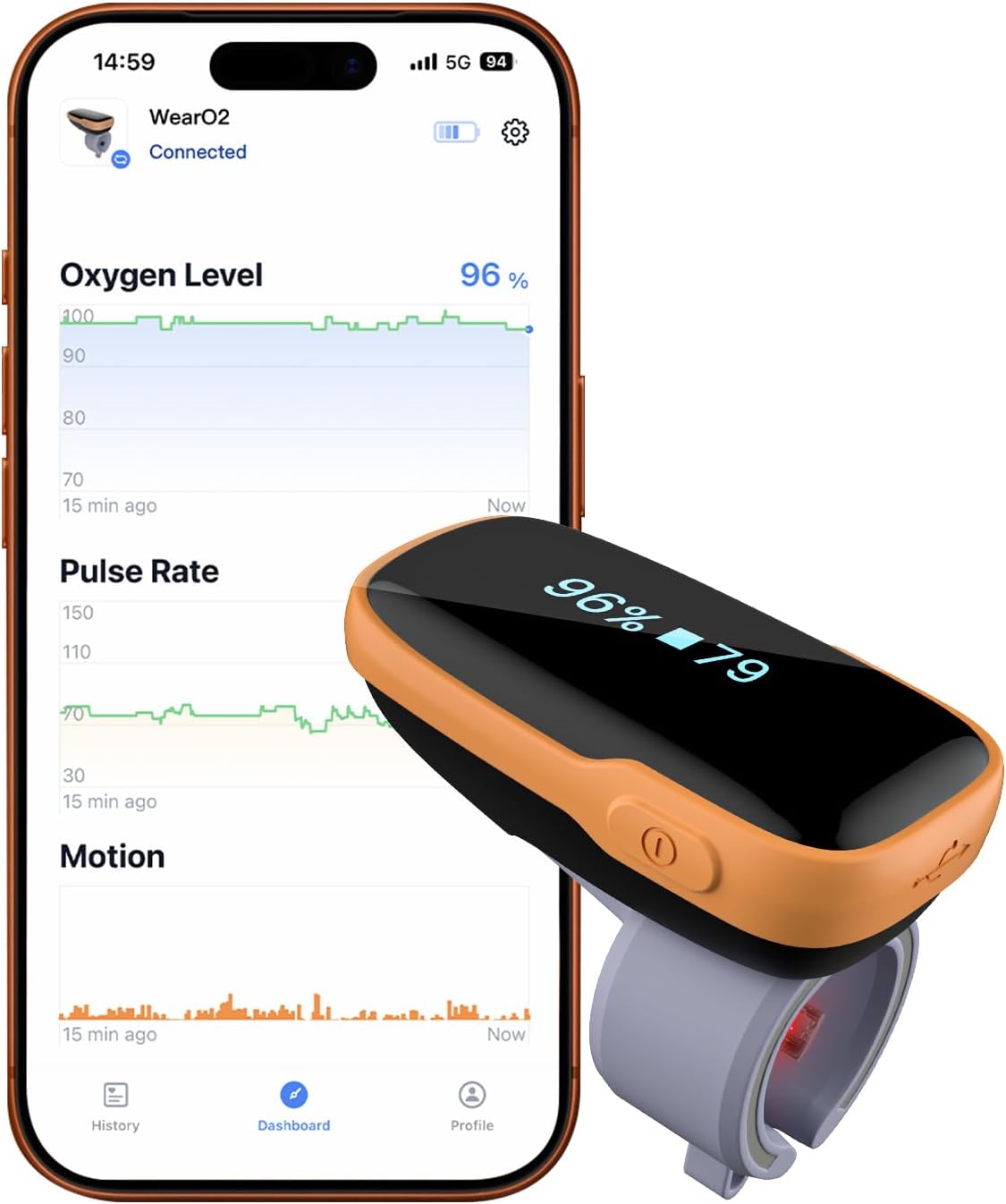 Vibeat WearO2 Blood Oxygen Monitor — Bluetooth Pulse Oximeter for Continuous O2 and Heart Rate Tracking Rechargeable, Wearable Finger Oxygen Meter with Notification & Free APP