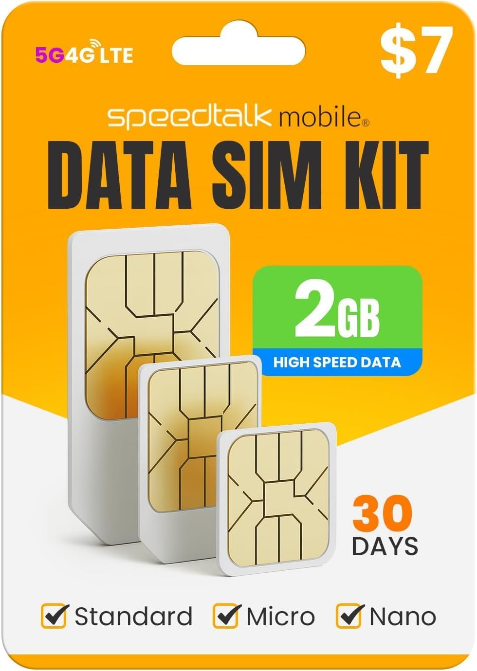SpeedTalk Data Only SIM Card Prepaid USA Coverage | 2GB for 30 Days | 5G/ 4G LTE Network for IoT, GPS Trackers, Tablets, Trail Cameras | Triple Cut 3-in-1 SIM Kit | No Voice & No Text
