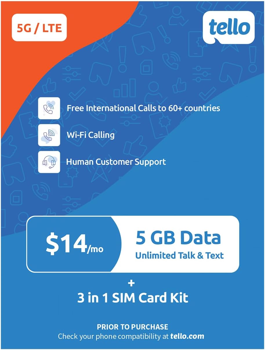 $14/Month – 5GB Data + Unlimited Minutes & Texts | Tello Mobile Prepaid Phone Plan | Bring Your Own Phone Kit | 3 in 1 SIM Card Included | US Nation-Wide 4G LTE/5G Coverage