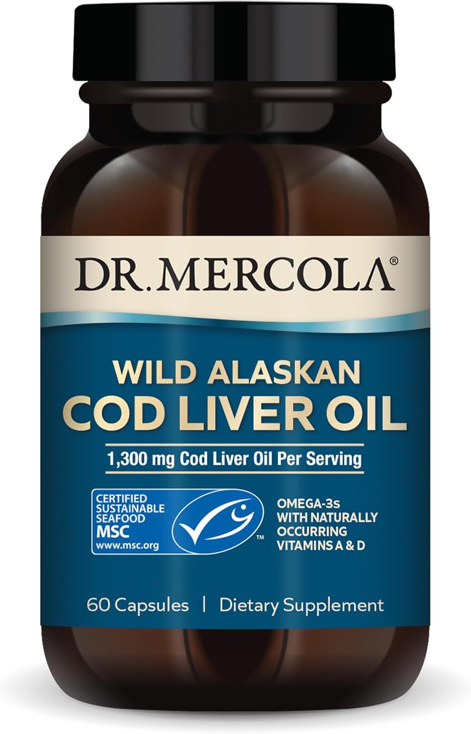 Dr. Mercola Cod Liver Oil, 1,300 mg Per Serving, 30 Servings (60 Capsules), Dietary Supplement, Supports Brain, Bone and Joint Health, Non-GMO, MSC Certified