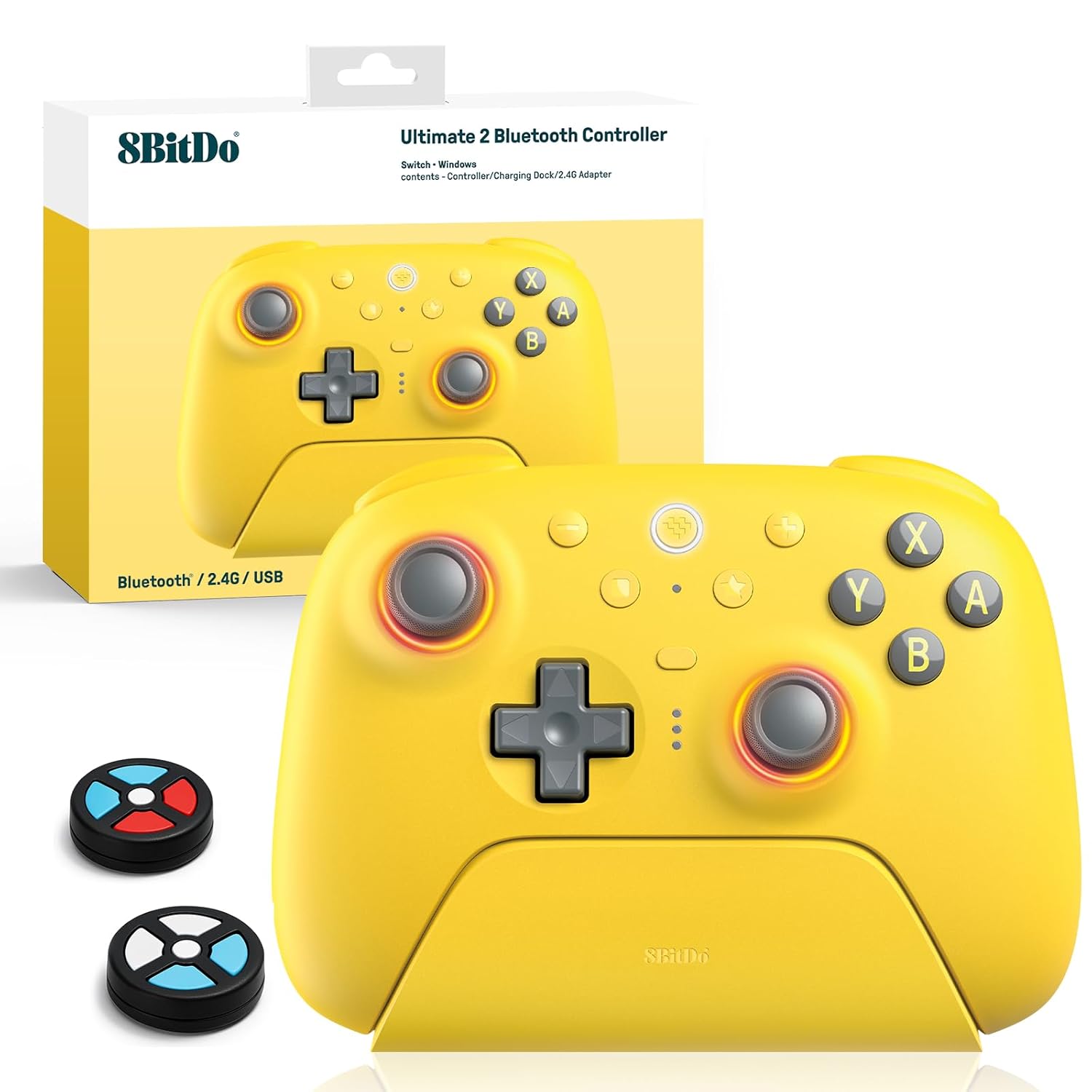 8Bitdo Ultimate 2 Bluetooth Controller (TMR Joystick Update), RGB Fire Ring, Switchable Hall Effect/Tactile Triggers, Vibration and Motion Control for Switch/Switch 2, Windows PC (Lemon Yellow)