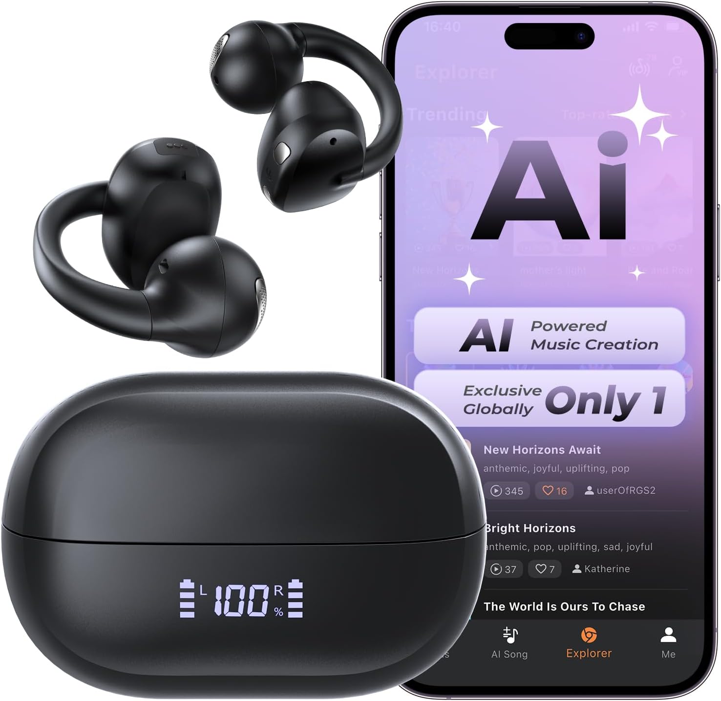 Open Ear Earbuds, Bluetooth 5.4 Bone Conduction Clip On Headphones AI Music Generator Wireless Earbuds, 4 Mics Clear Calls, 5.7g Ultra-Light, 30H Hi-Fi Stereo Playtime for Fitness, Black