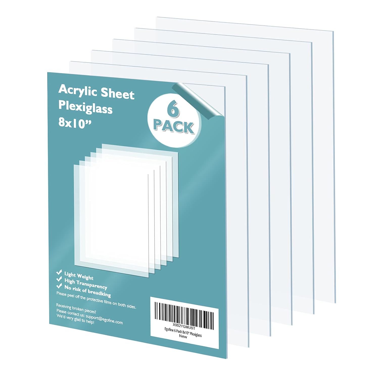 Egofine Plexiglass Sheets Acrylic Sheets 6 Pack of 8×10’’ 0.04 Thick Clear Plastic Cast Transparent Plexi Glass for Crafting Projects, Replacement Picture Frame Glass, DIY Display, Easy to Cut
